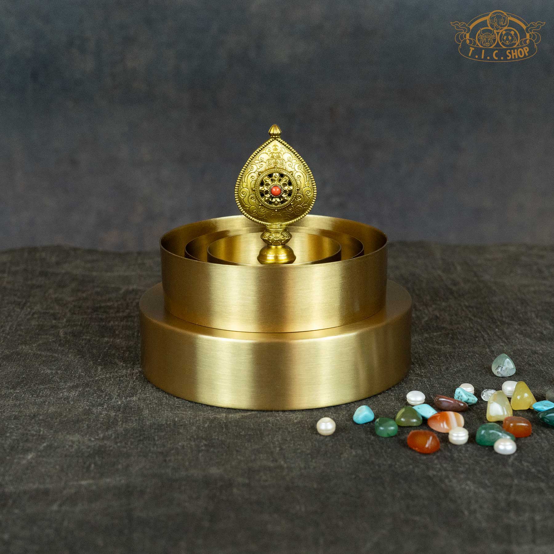 Front view of Brass Mandala Offering Set _Ø 12 cm highlighting plain elegant design, suitable for personal altar or meditation