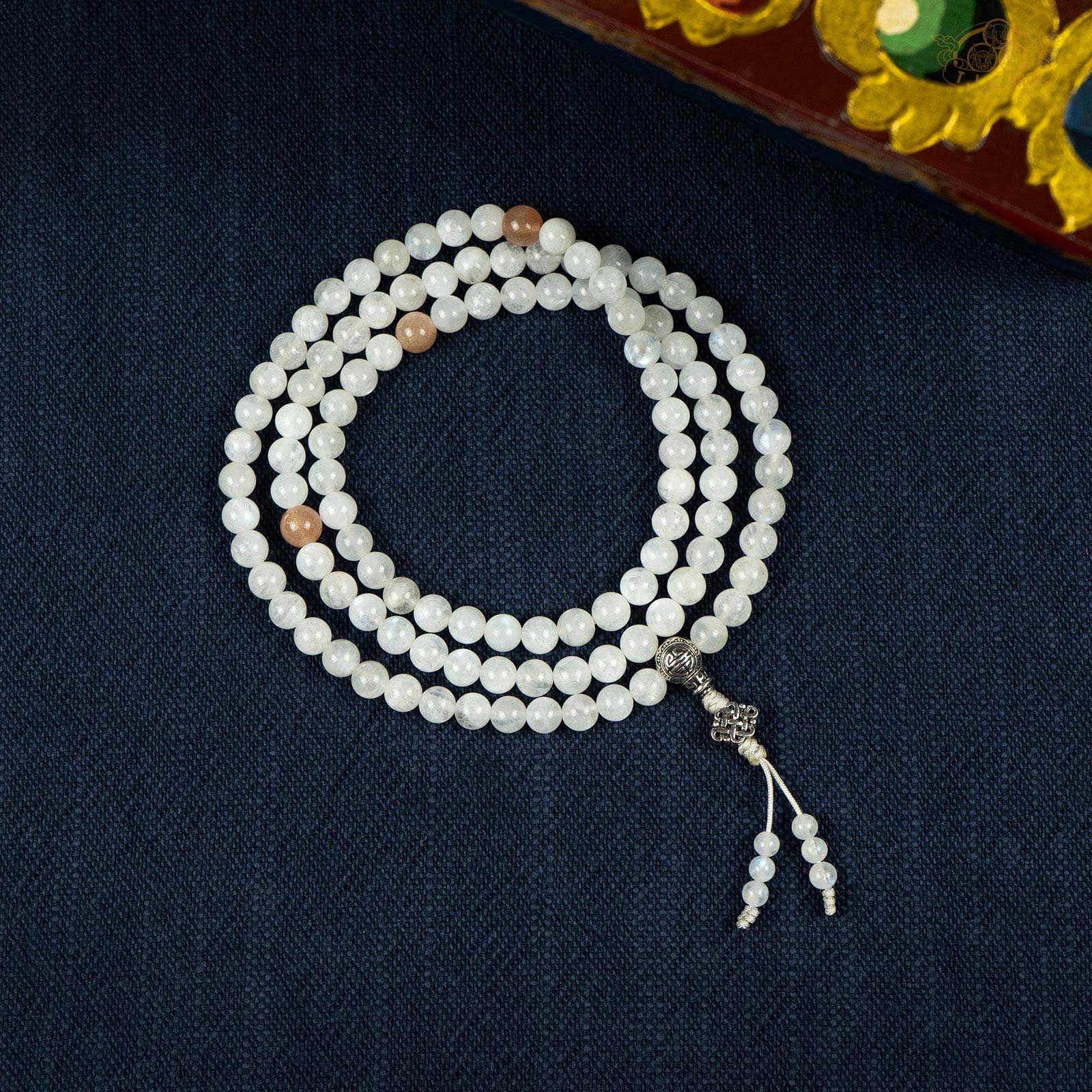 Moonstone 6mm 108 Beads Prayer Mala with 925 Silver Guru Bead
