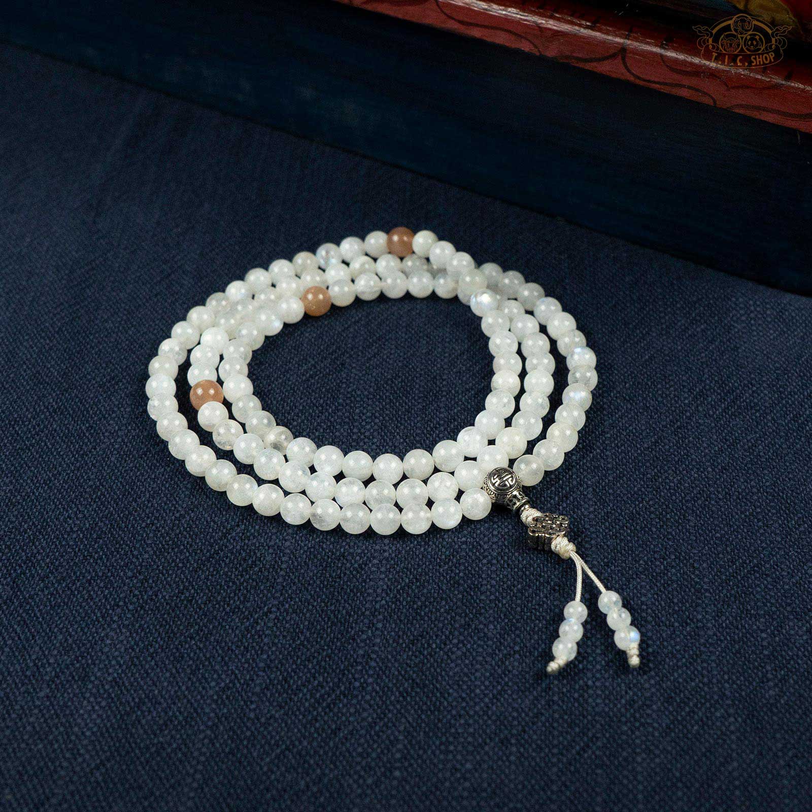 Moonstone 6mm 108 Beads Prayer Mala with 925 Silver Guru Bead