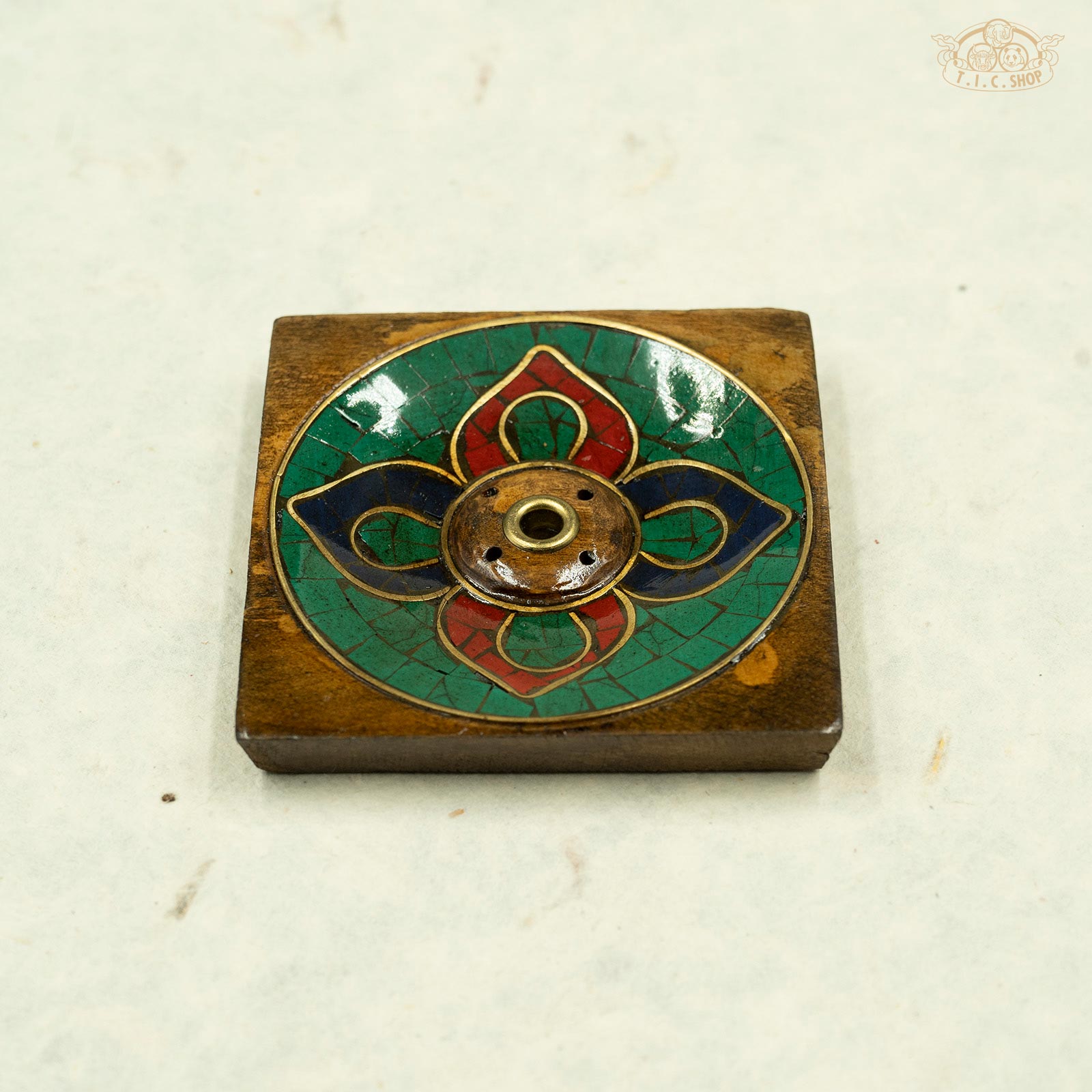 Lotus Flower Mosaic Stones Wooden Incense Holder Plate