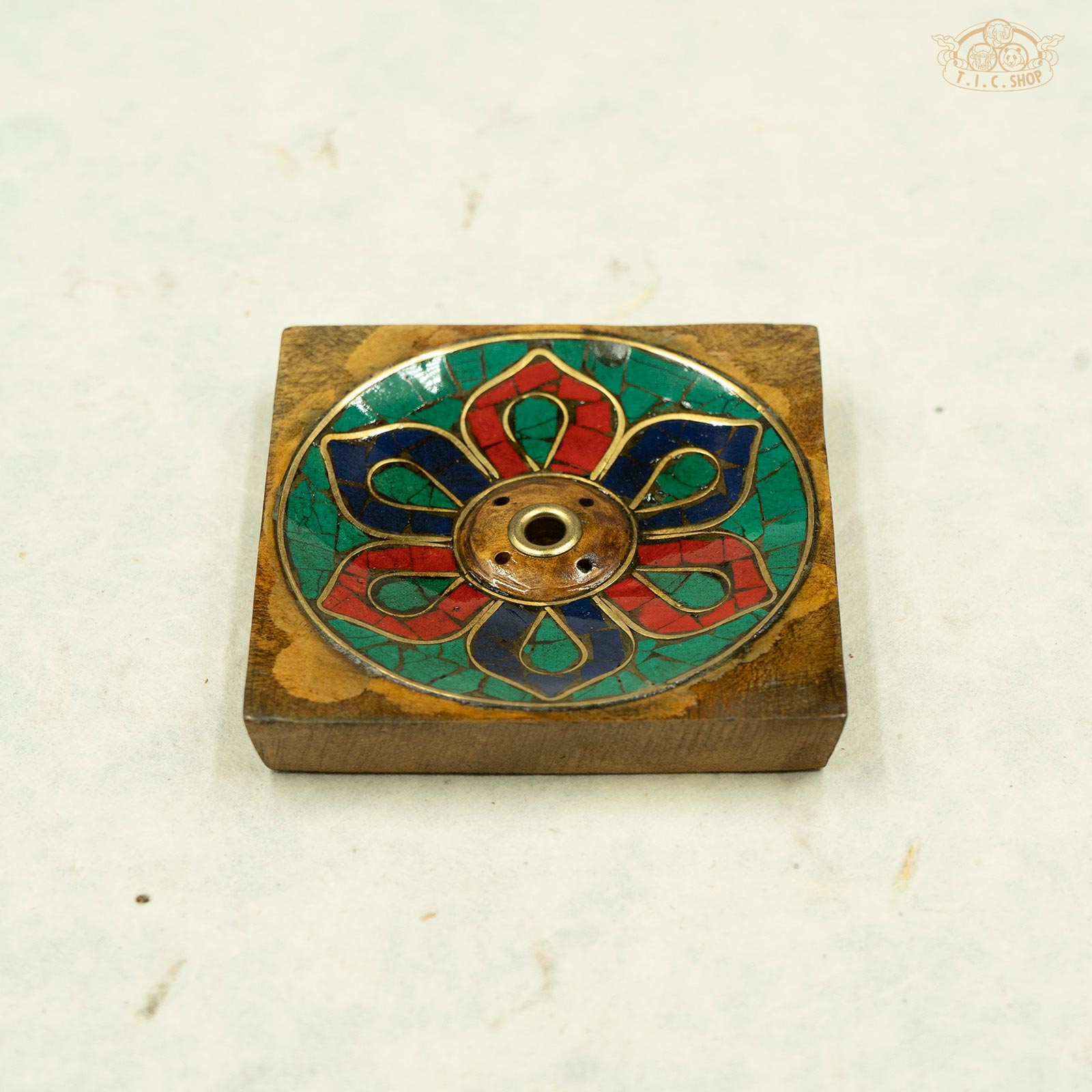 Lotus Flower Mosaic Stones Wooden Incense Holder Plate