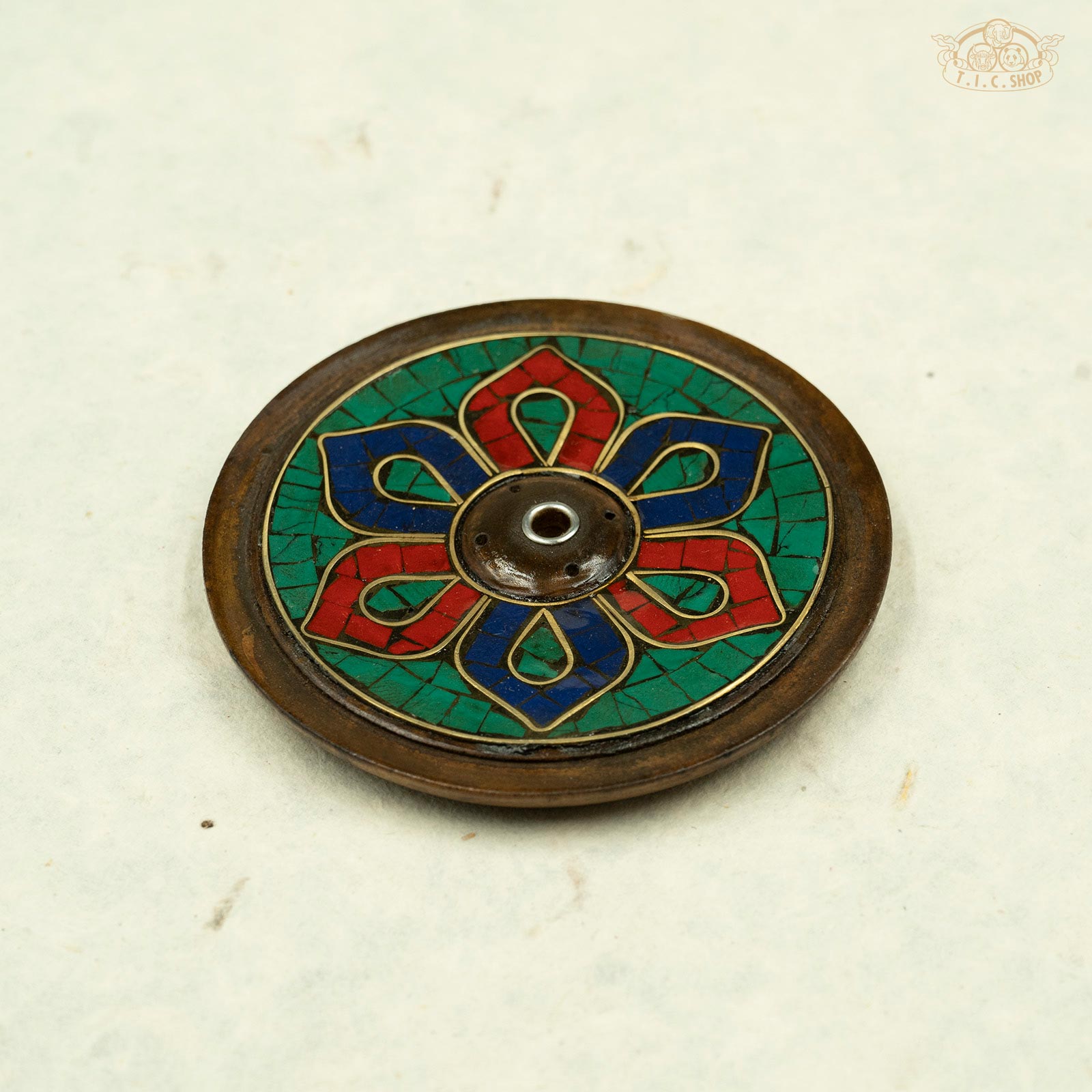 Lotus Flower Mosaic Stones Wooden Incense Holder Plate