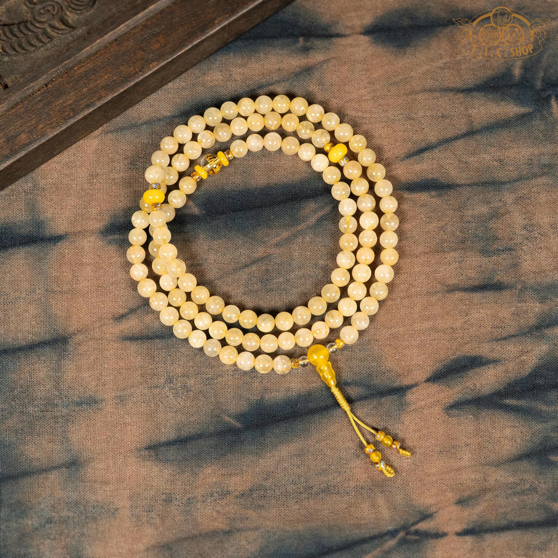 Golden Rutilated Quartz 7mm 108-Bead Traditional Prayer Mala