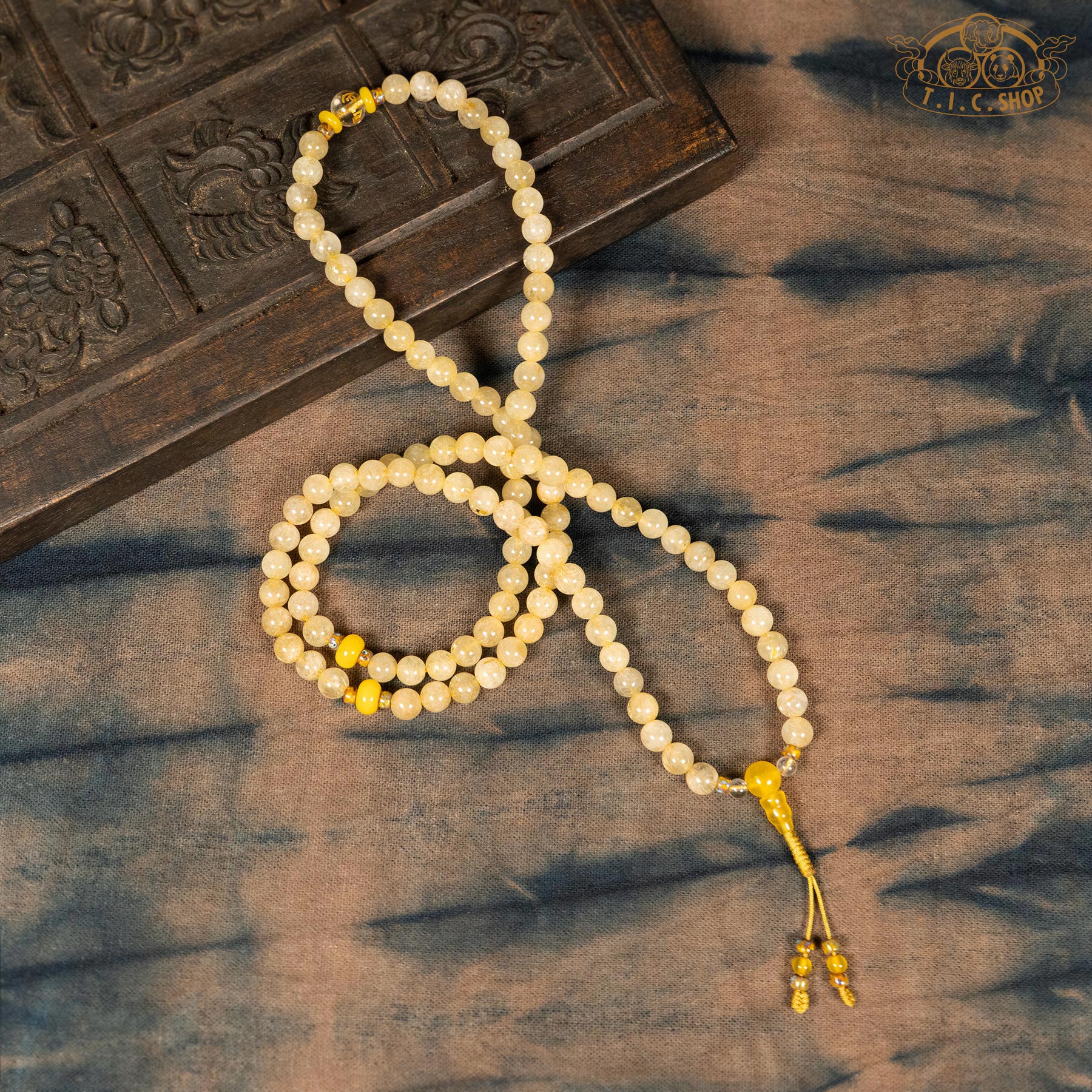 Golden Rutilated Quartz 7mm 108-Bead Traditional Prayer Mala