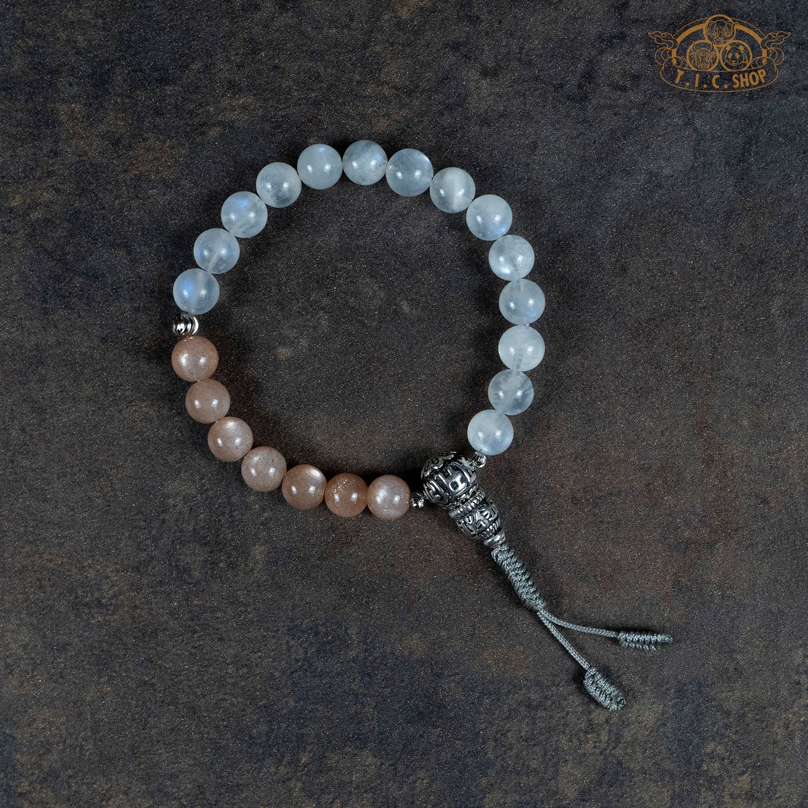 White and Peach Moonstone 8mm Beads Wrist Mala with 925silver Guru Bead