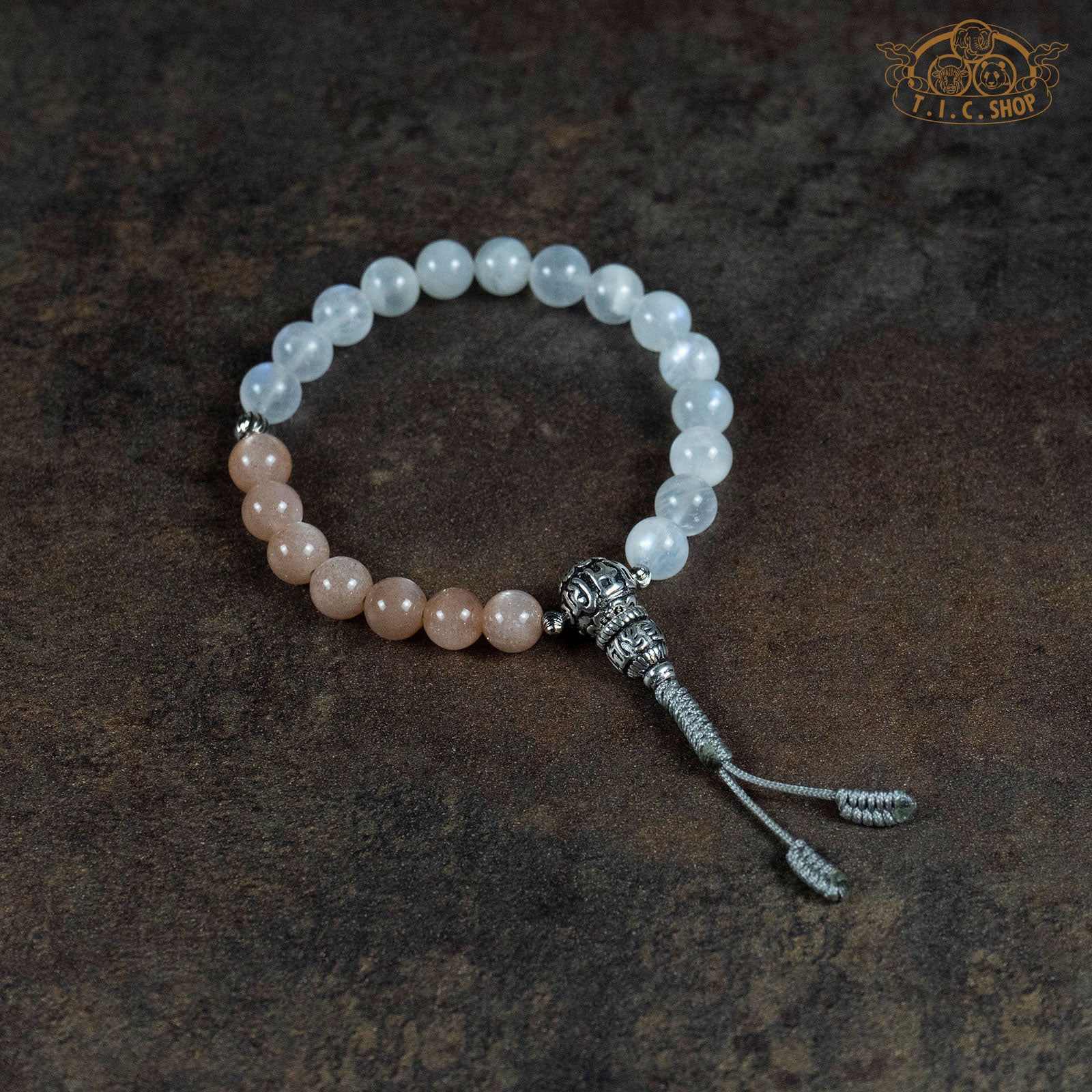 White and Peach Moonstone 8mm Beads Wrist Mala with 925silver Guru Bead