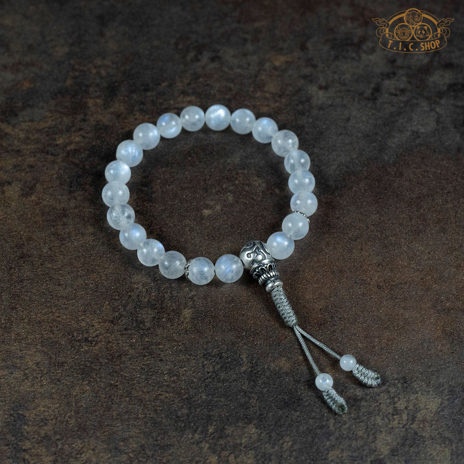 Silver Moonlight Moonstone 8mm Beads Wrist Mala with 925silver Guru Bead