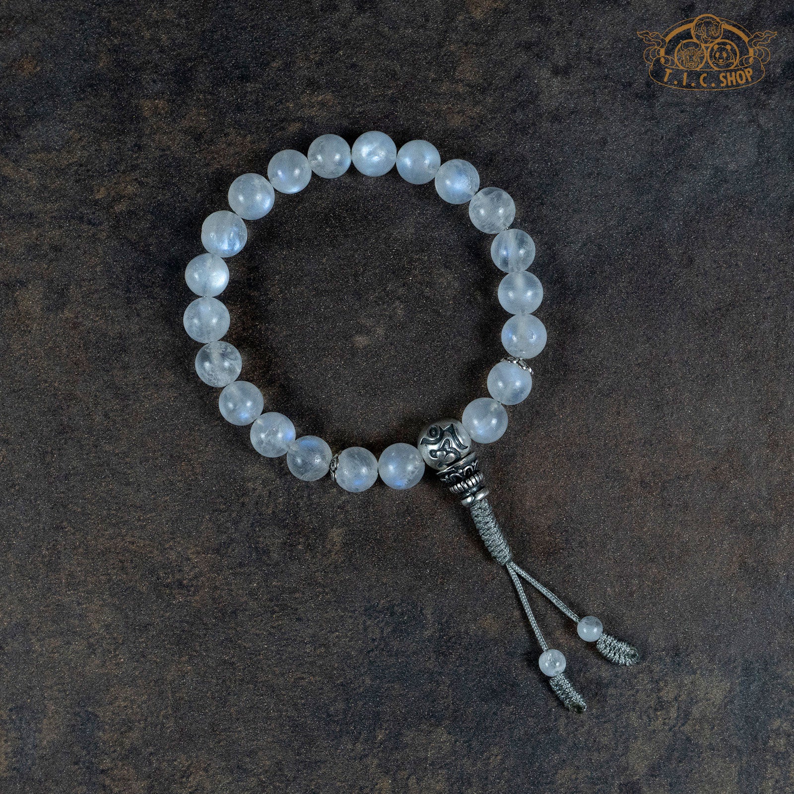 Silver Moonlight Moonstone 8mm Beads Wrist Mala with 925silver Guru Bead
