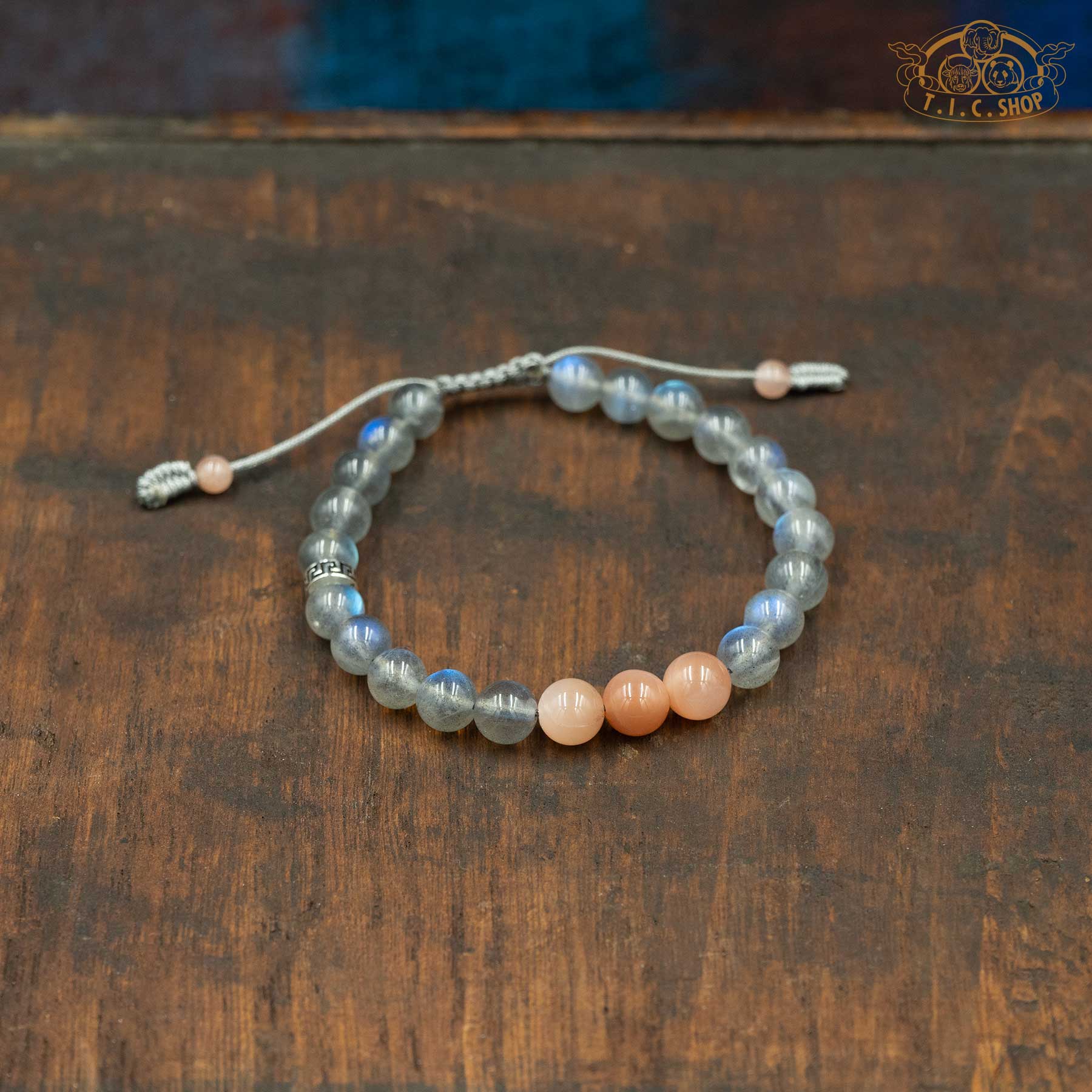 Silver Moonlight Grey and Peach Moonstone 7mm Beads Bracelet