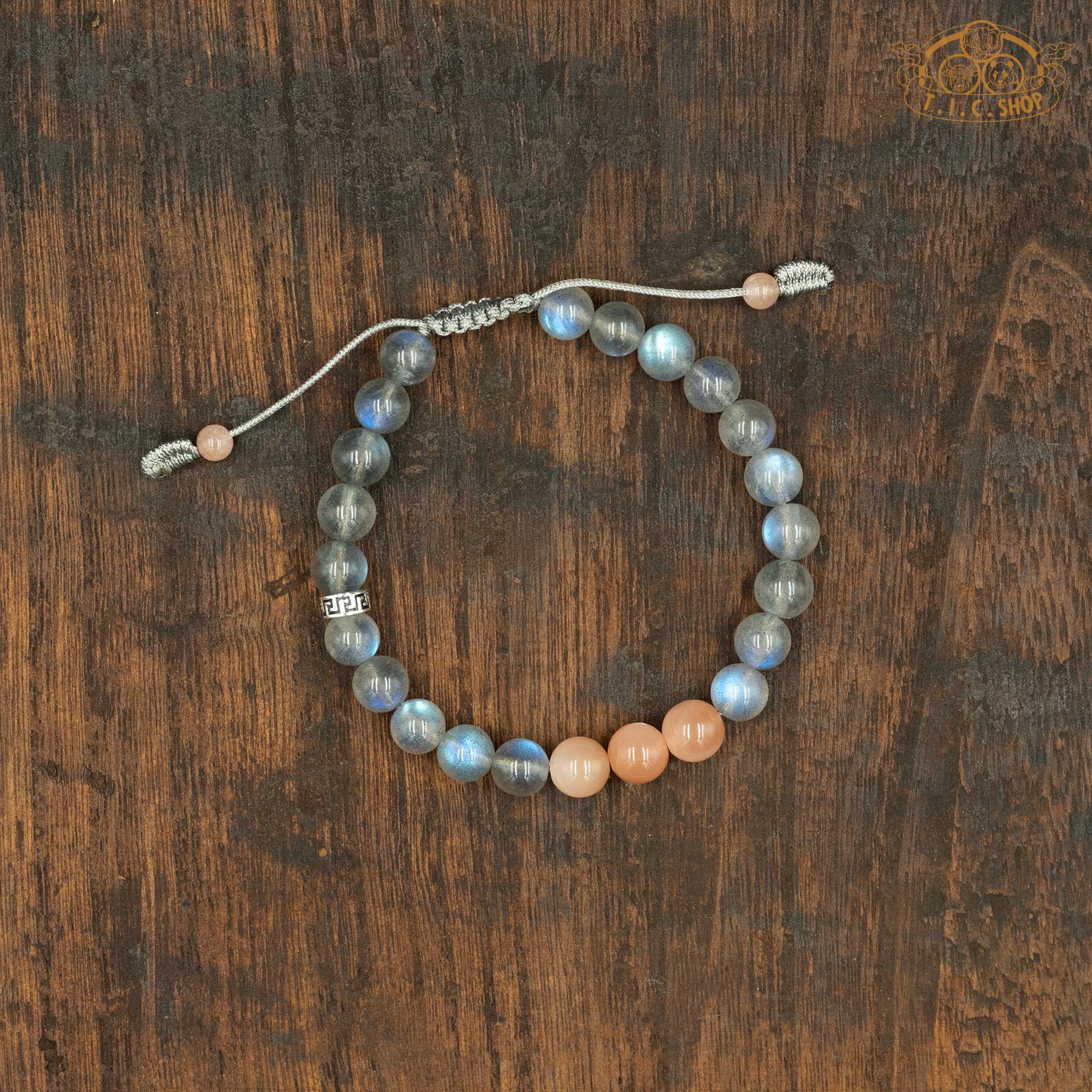 Silver Moonlight Grey and Peach Moonstone 7mm Beads Bracelet