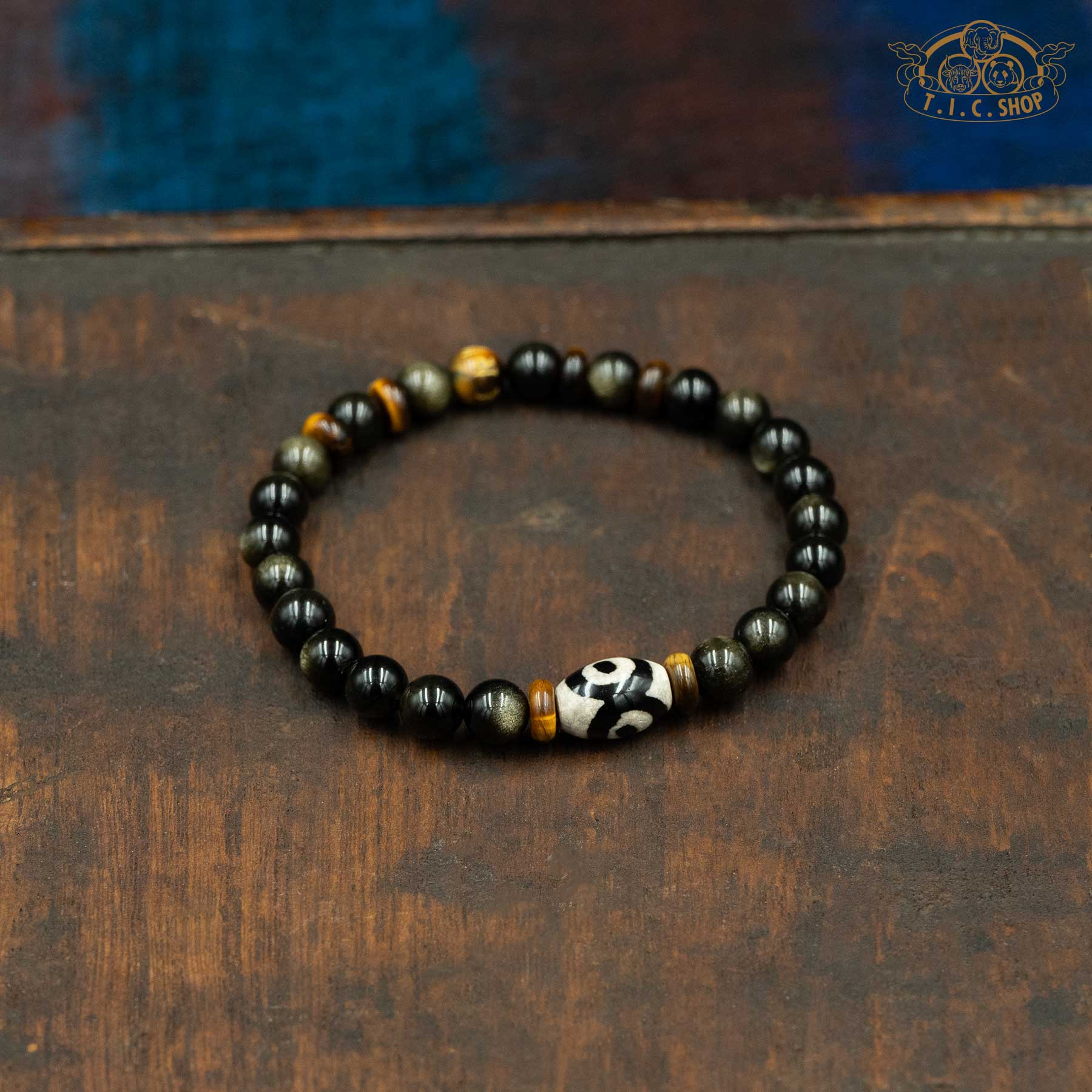 Dzi Bead Golden Obsidian 6mm Beads Bracelet