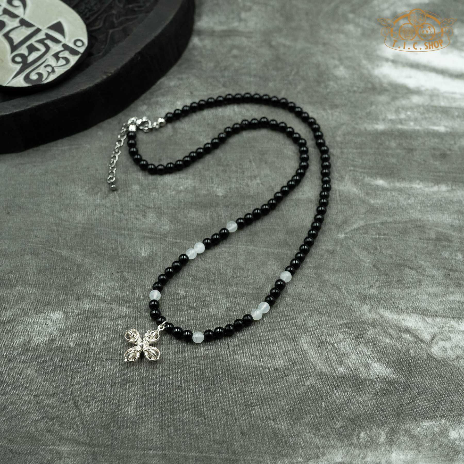 Double Vajra Black Onyx with Moonstone Beaded Necklace