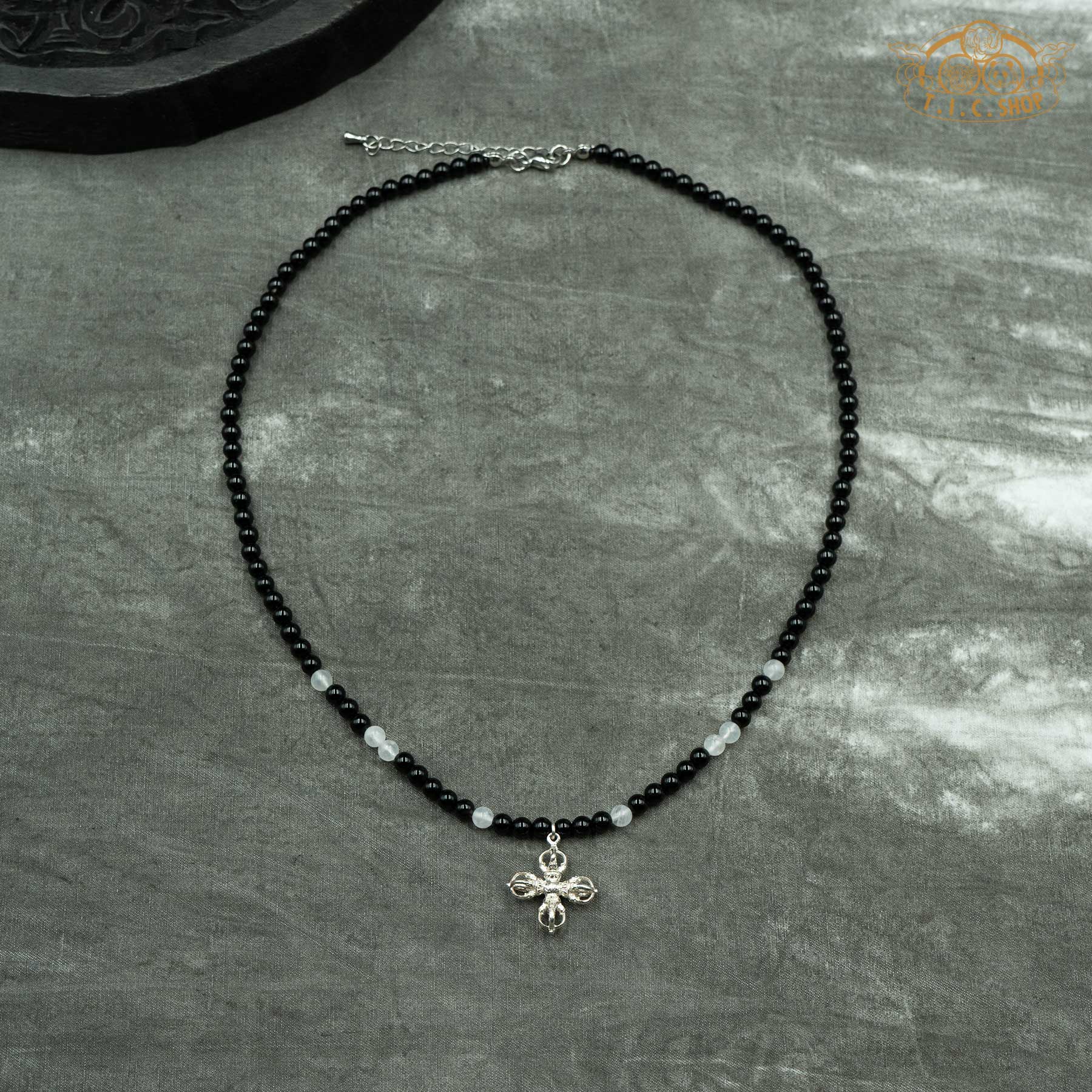 Double Vajra Black Onyx with Moonstone Beaded Necklace