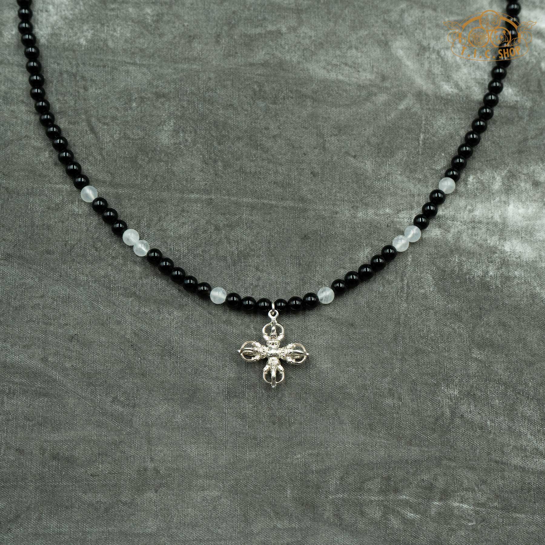 Double Vajra Black Onyx with Moonstone Beaded Necklace