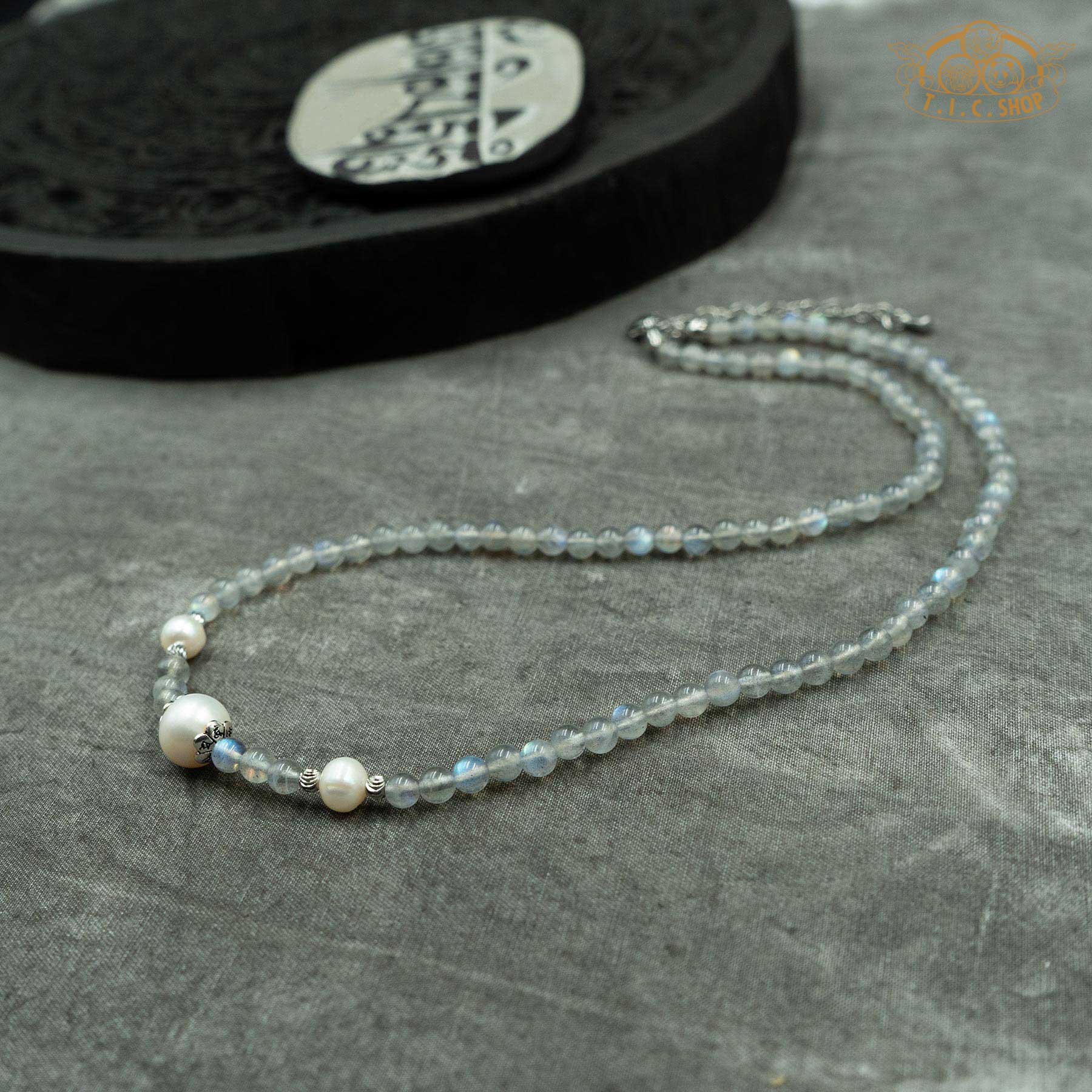 Pearl with Grey Moonstone Beaded Necklace