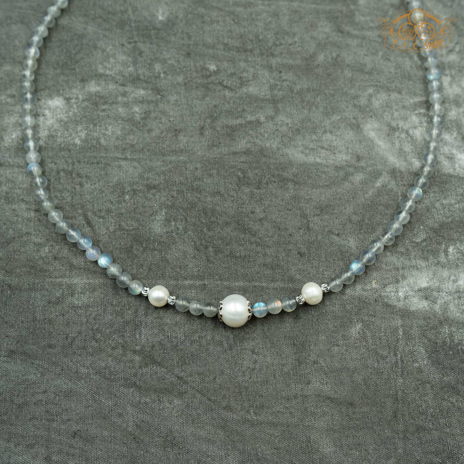 Pearl with Grey Moonstone Beaded Necklace