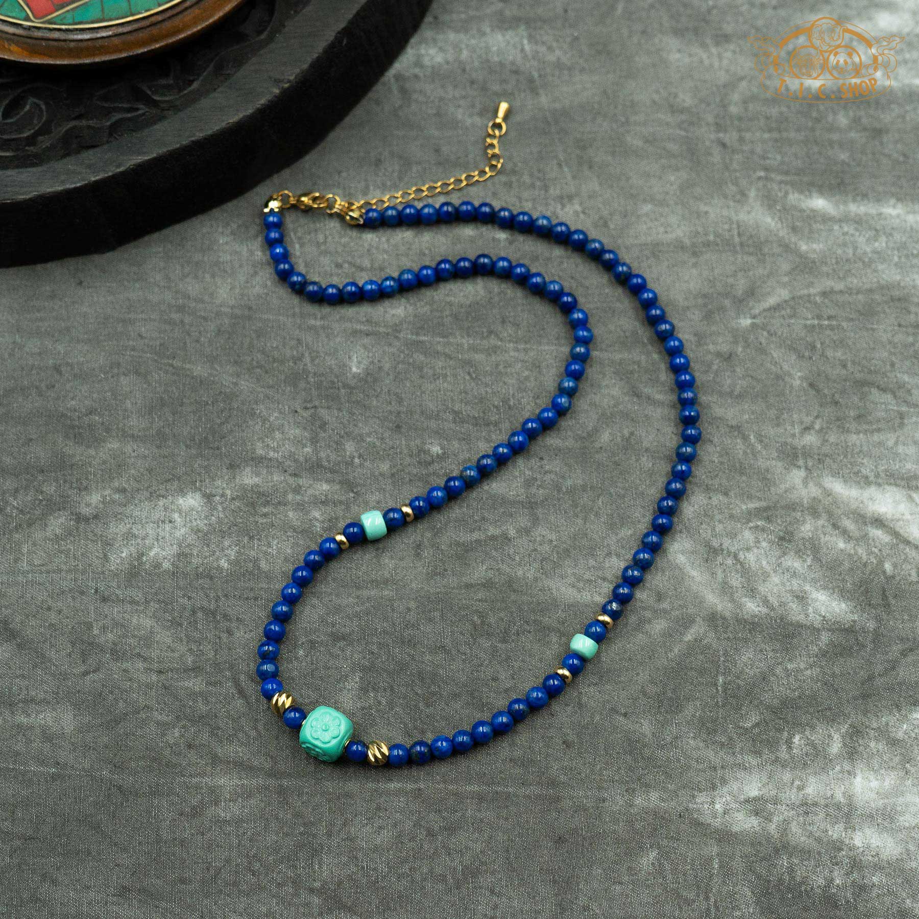 Lotus Enhanced turquoise and Lapis Lazuli Beaded Necklace