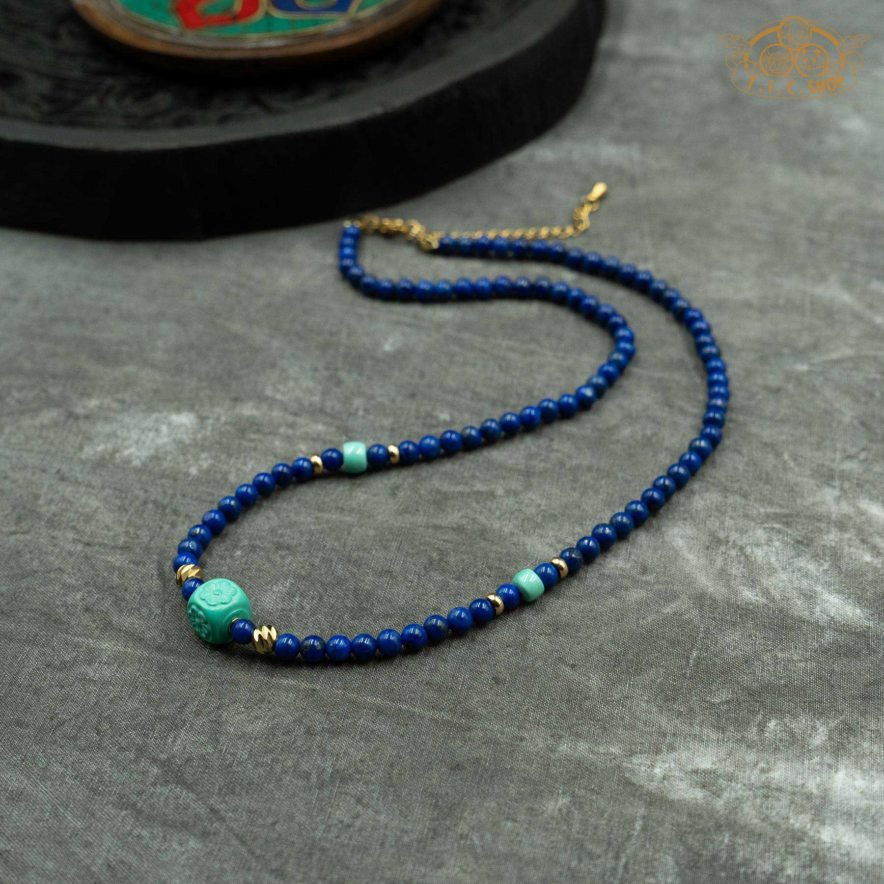 Lotus Enhanced turquoise and Lapis Lazuli Beaded Necklace