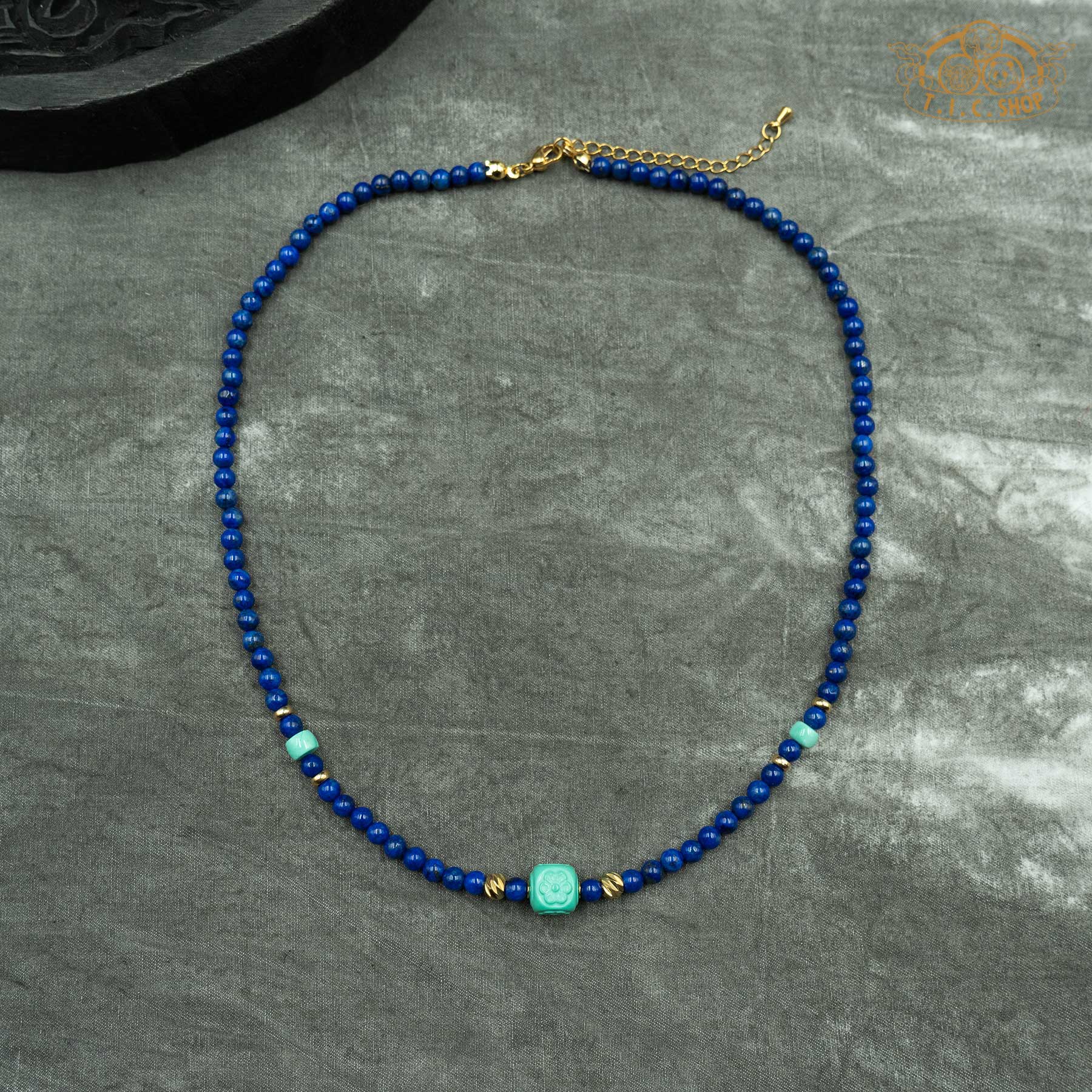 Lotus Enhanced turquoise and Lapis Lazuli Beaded Necklace
