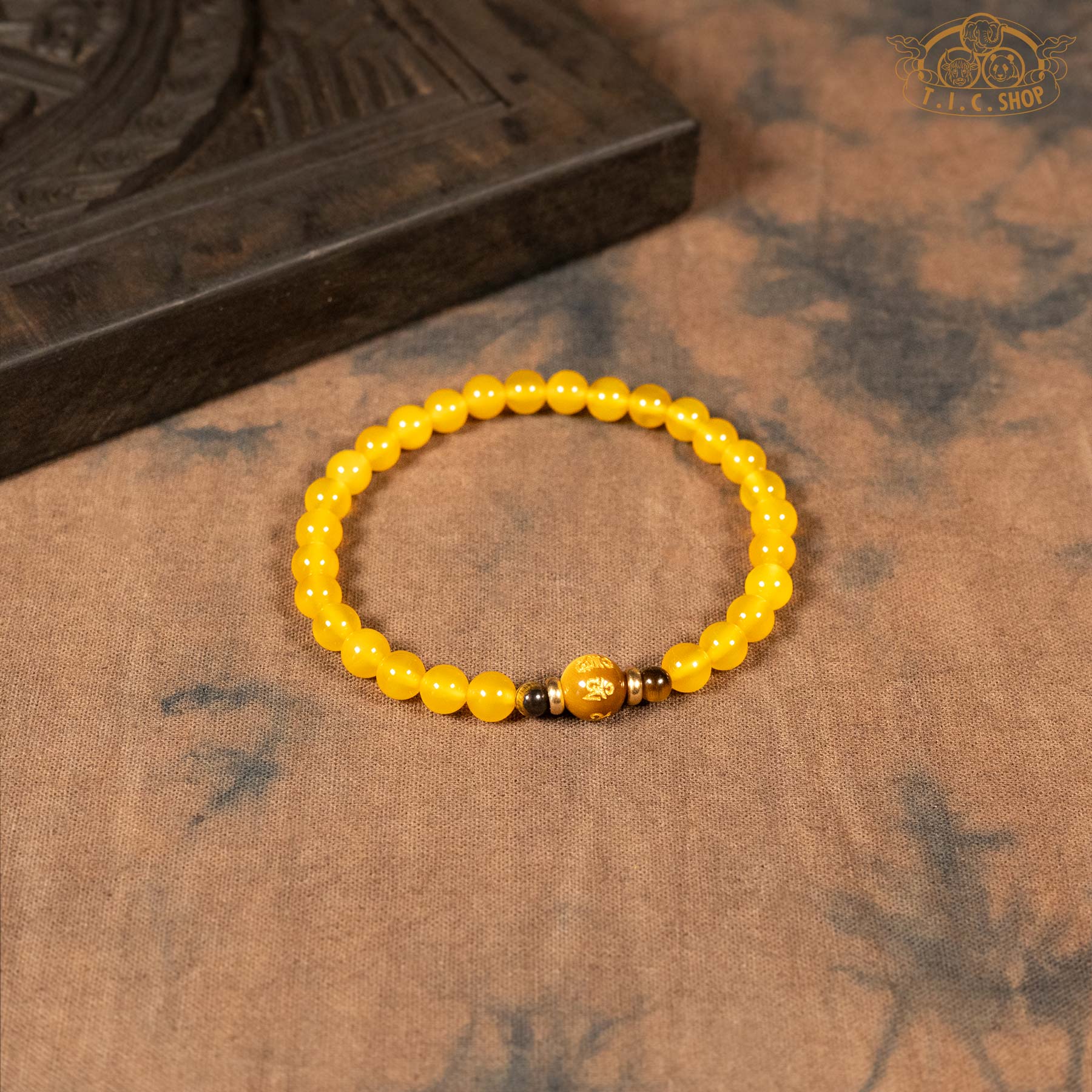 Yellow Agate 6mm Bead Bracelet with Tiger's Eye Mantra Bead