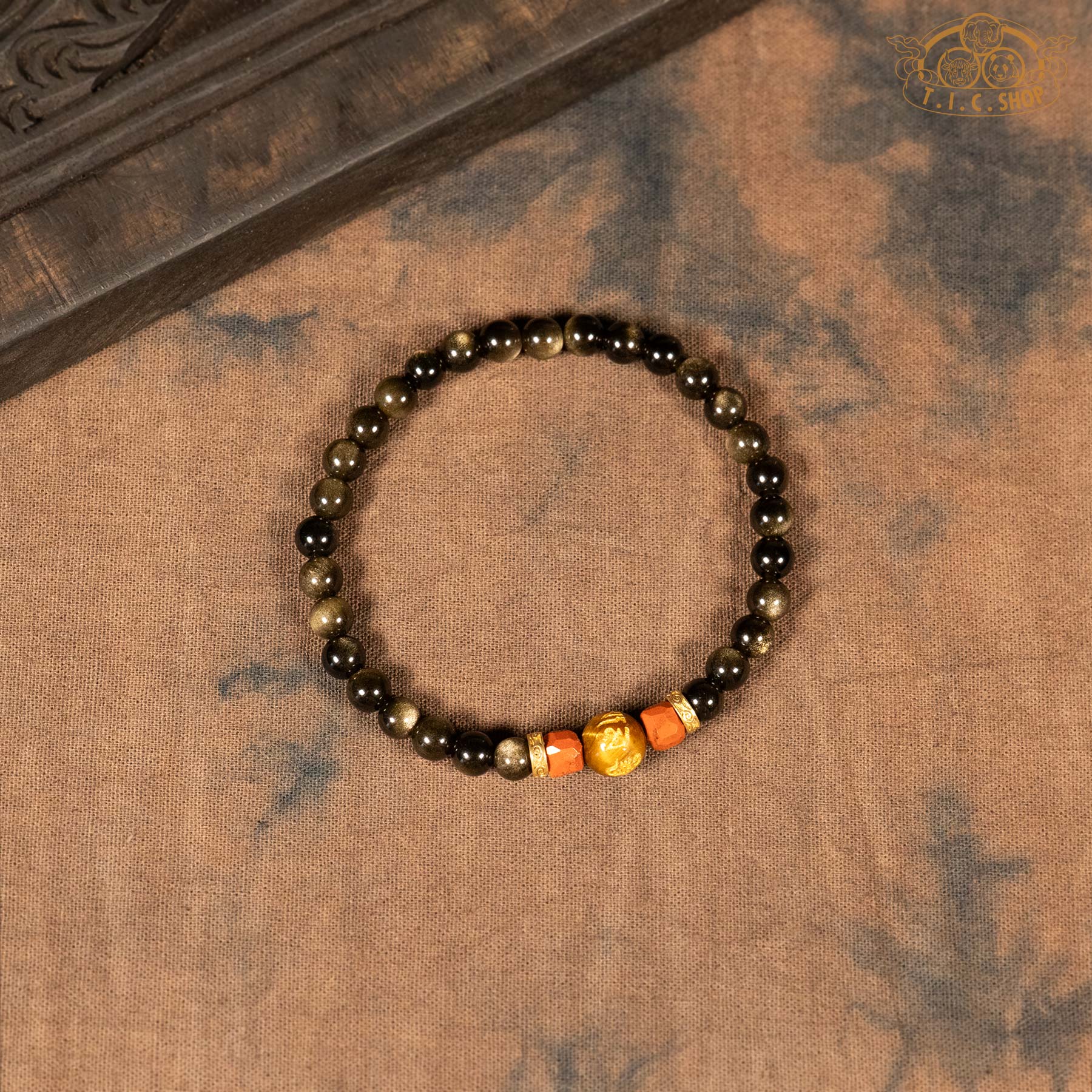 Golden Obsidian 6mm Bead Bracelet with Tiger's Eye Mantra Bead