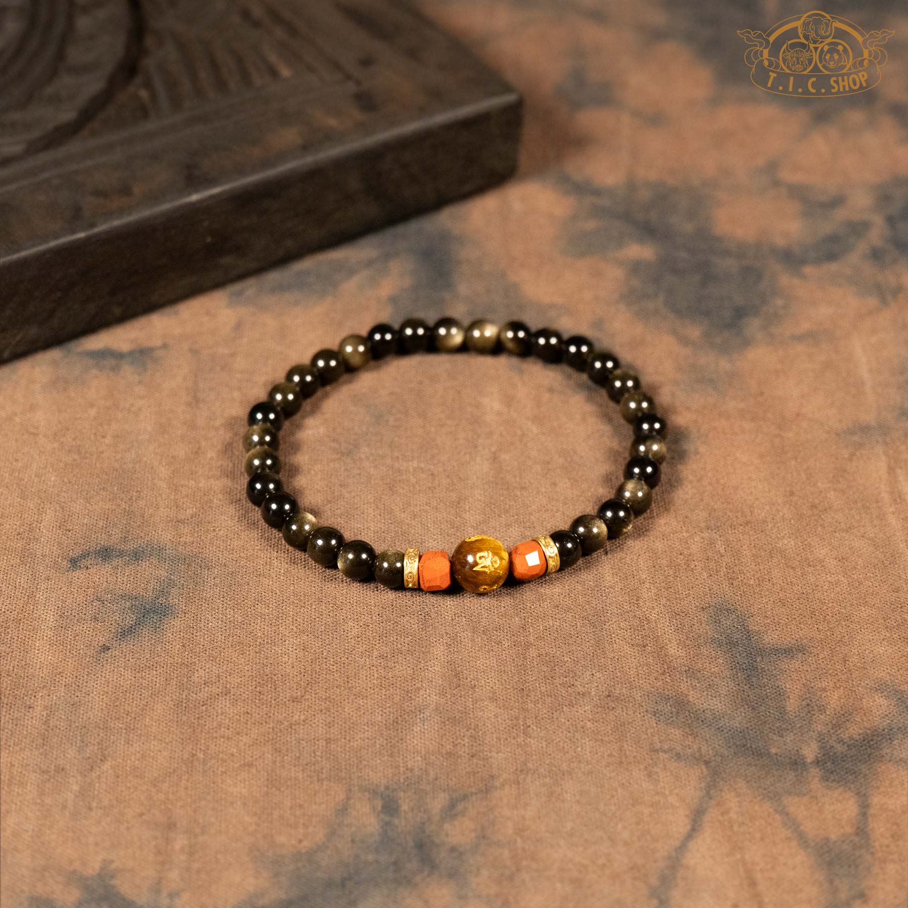 Golden Obsidian 6mm Bead Bracelet with Tiger's Eye Mantra Bead