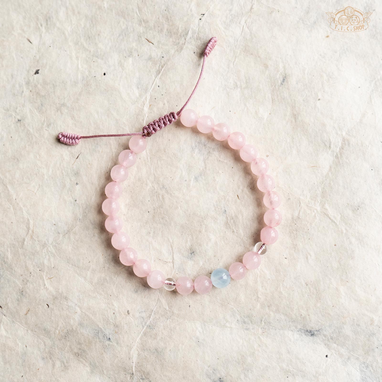 Rose Quartz 6mm Bead Bracelet with Aquamarine