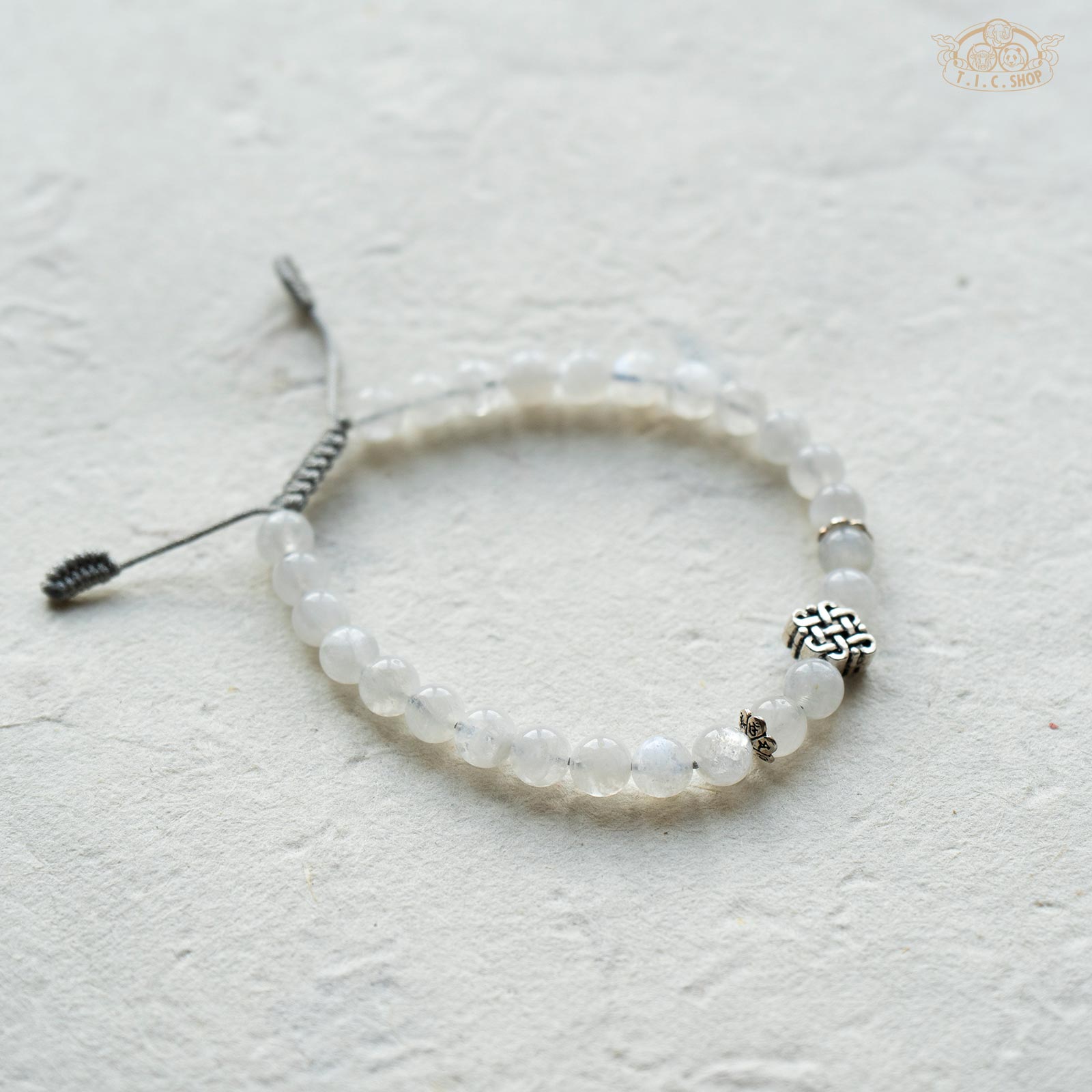 'Silver Moonlight' Moonstone 6mm Beads Bracelet with 925silver Endless Knot
