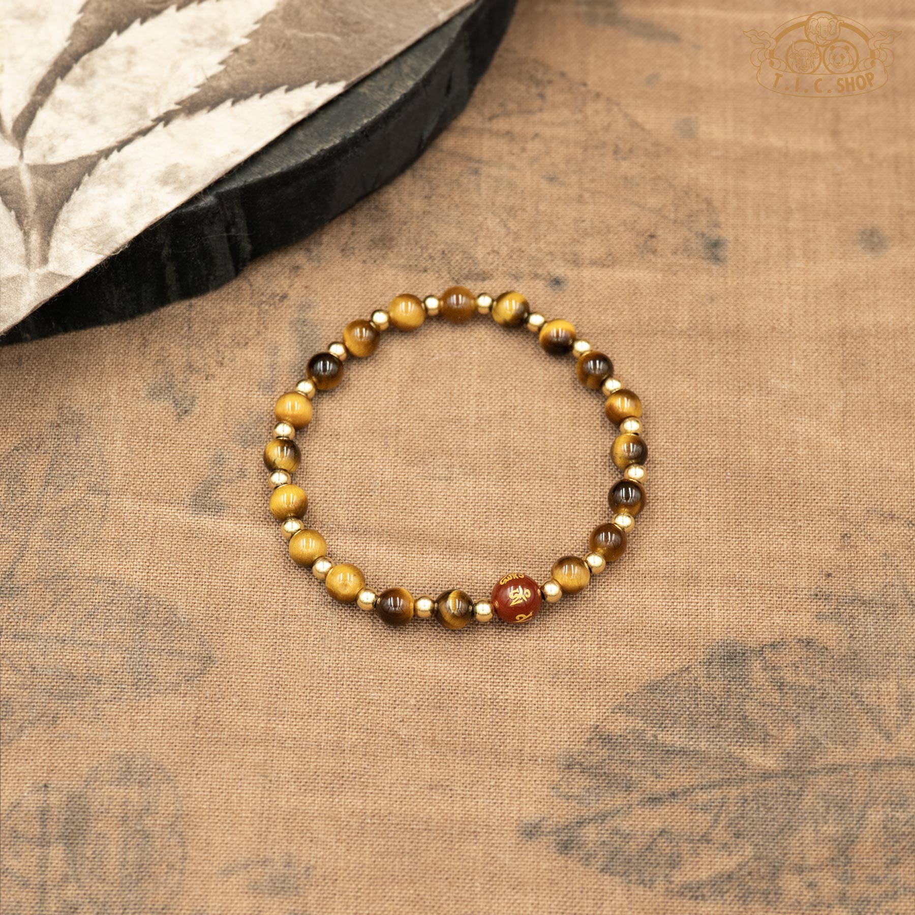 Om Mani Padme Hum Red Agate with Tiger's Eye 6mm Beads Bracelet