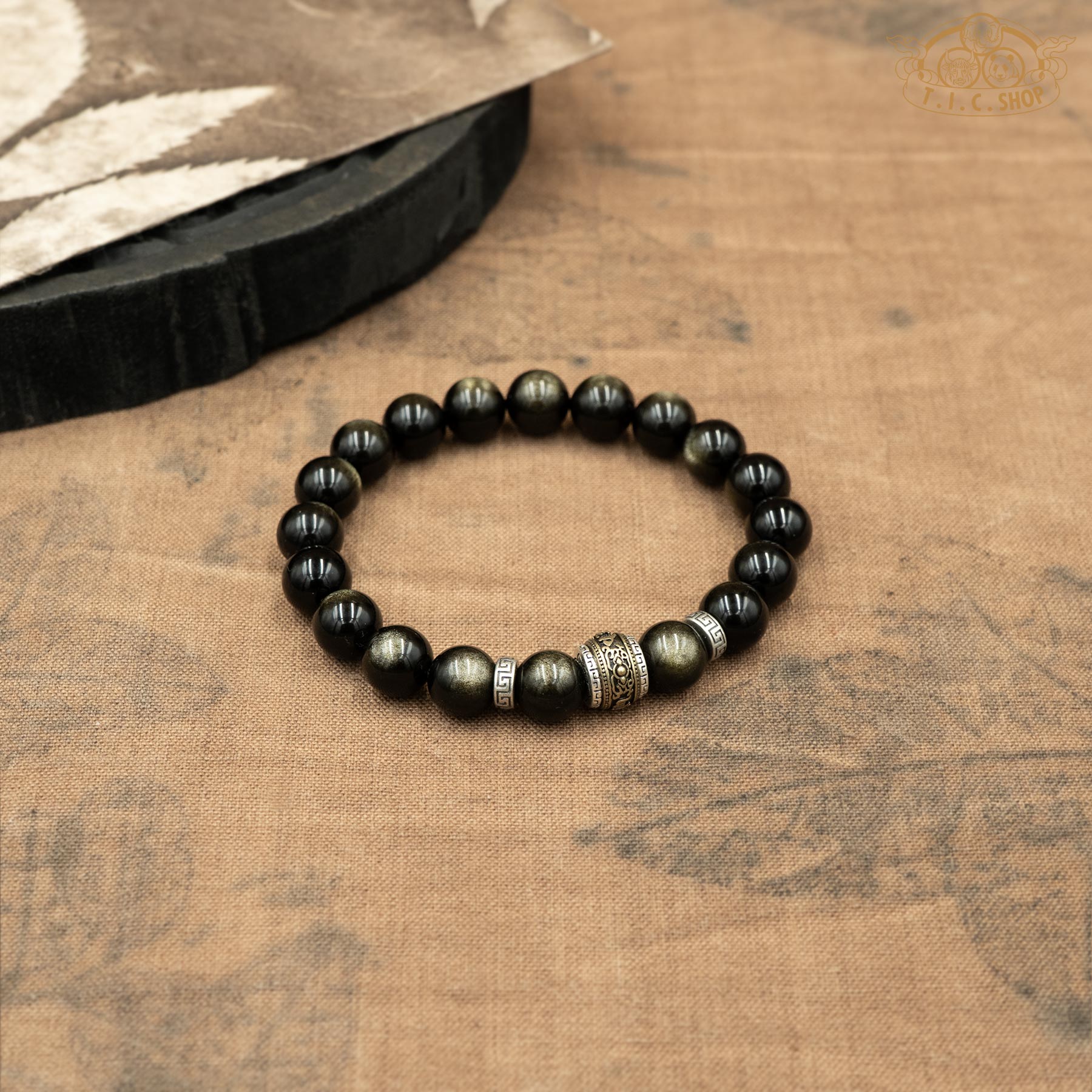 Om Mani Padme Hum Golden Sheen Obsidian 10mm Beads Bracelet