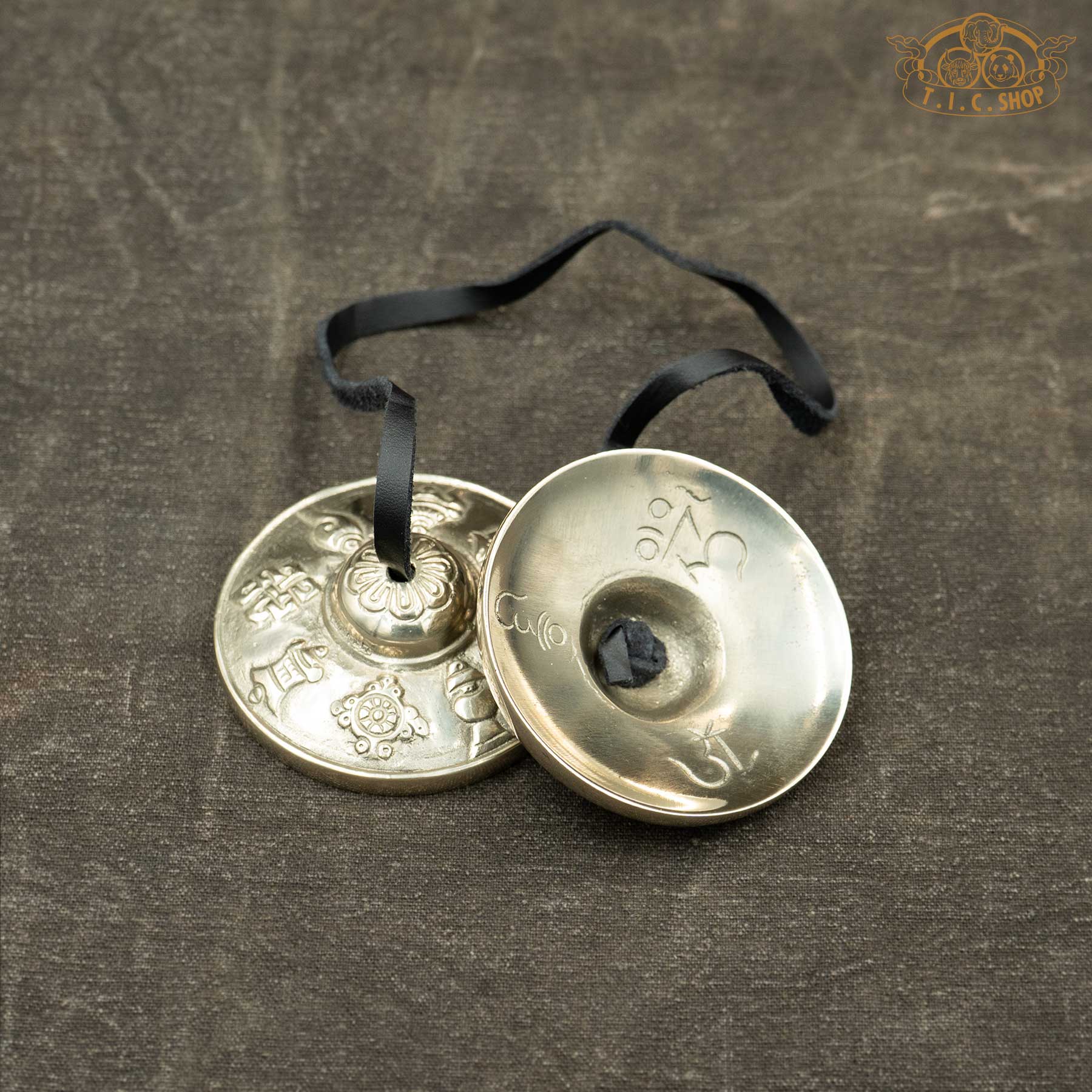 Reverse side of Eight Auspicious Symbols Tibetan Tingsha Meditation Bells 6.8cm with Om Ah Hum mantra