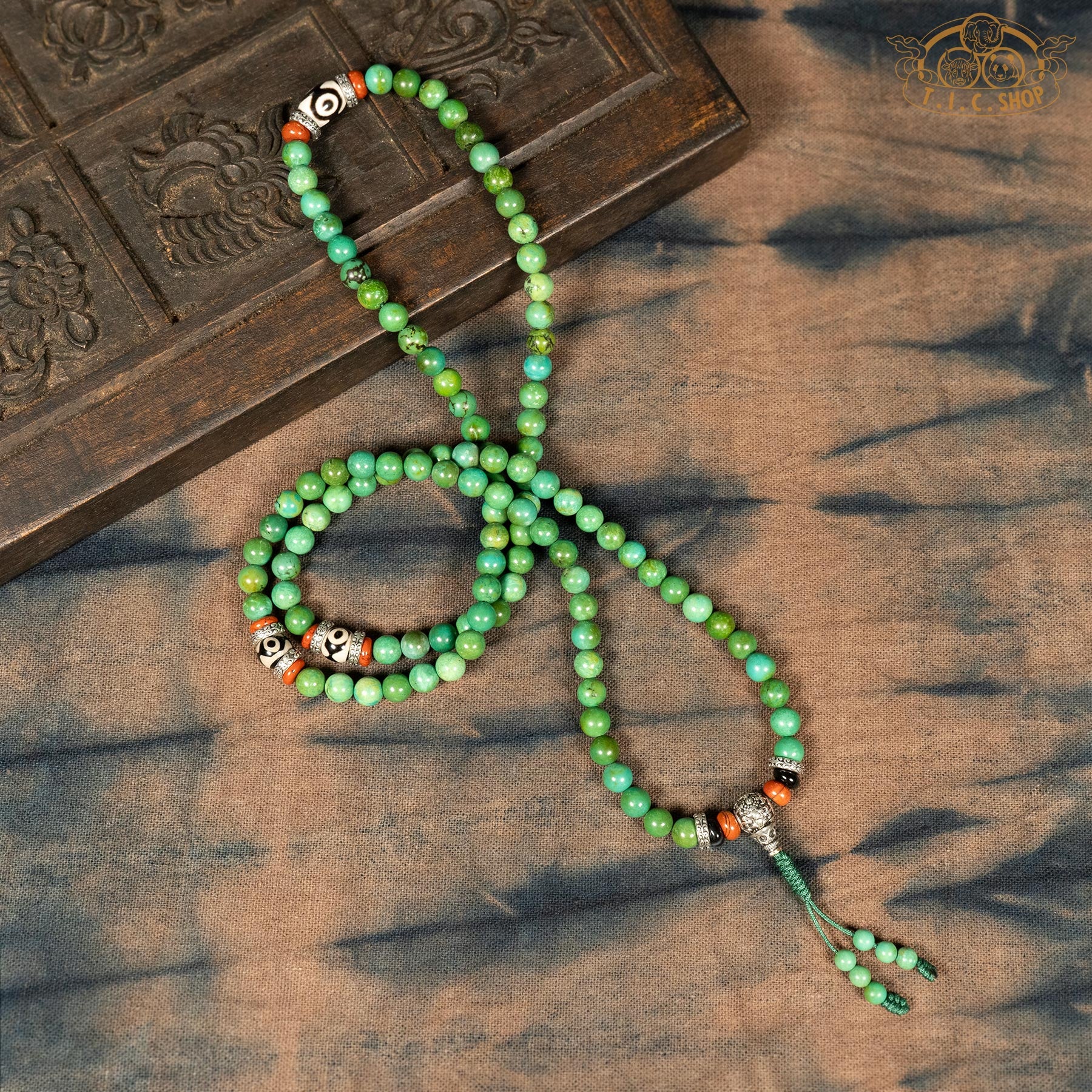 Full view of enhanced turquoise stone 6mm 108-bead traditional prayer mala