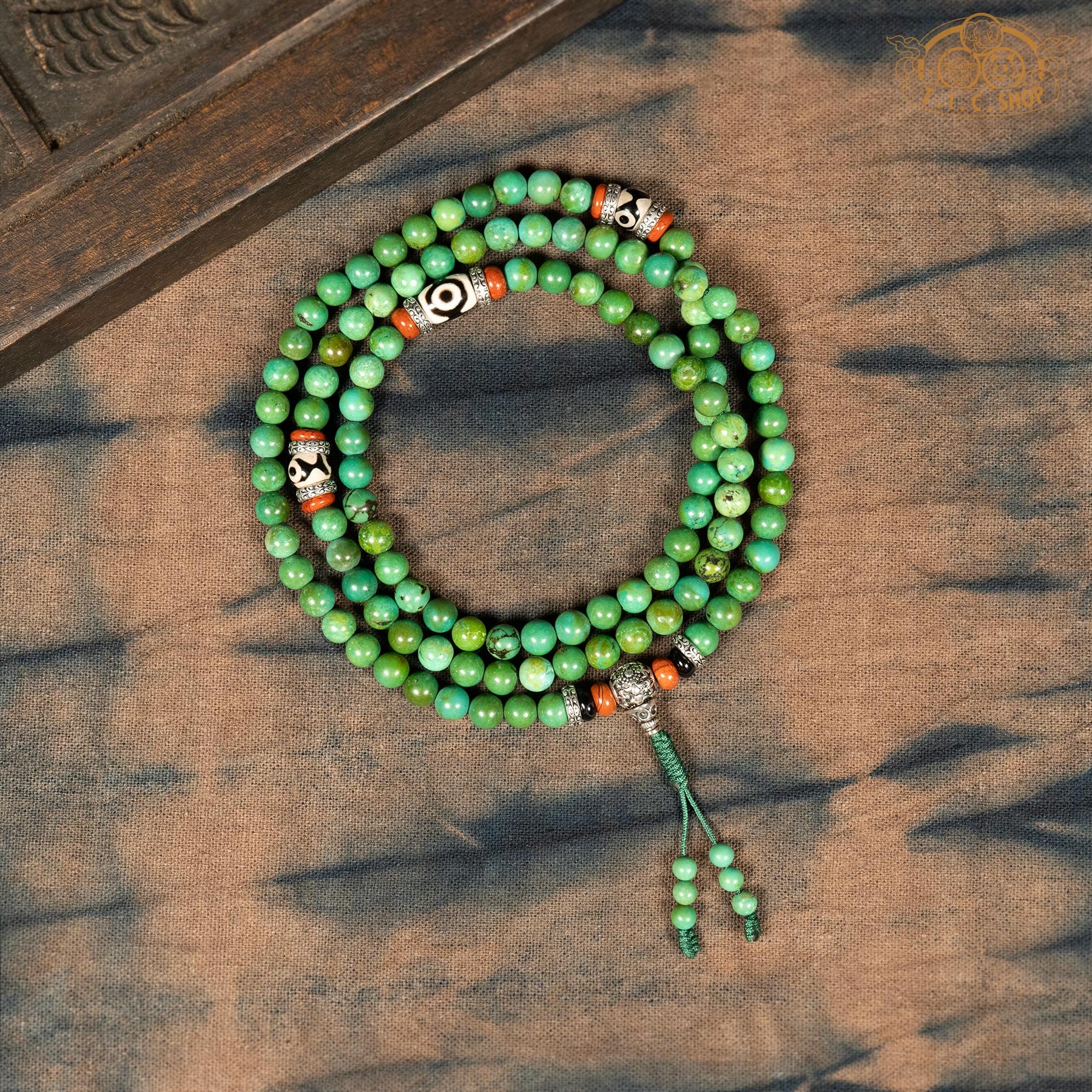 Top view of enhanced turquoise stone 6mm 108-bead traditional prayer mala