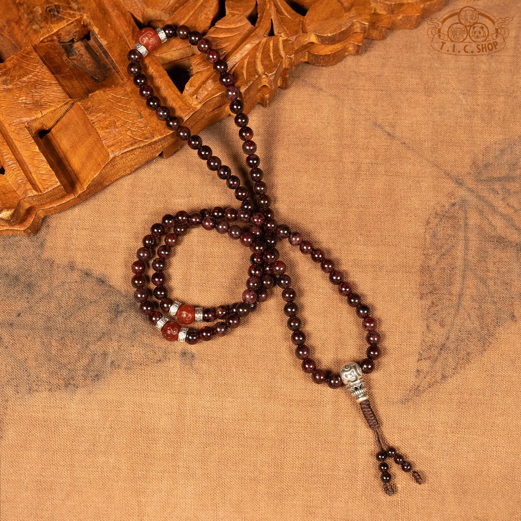 Full view of garnet 6mm 108-Bead Traditional Prayer Mala