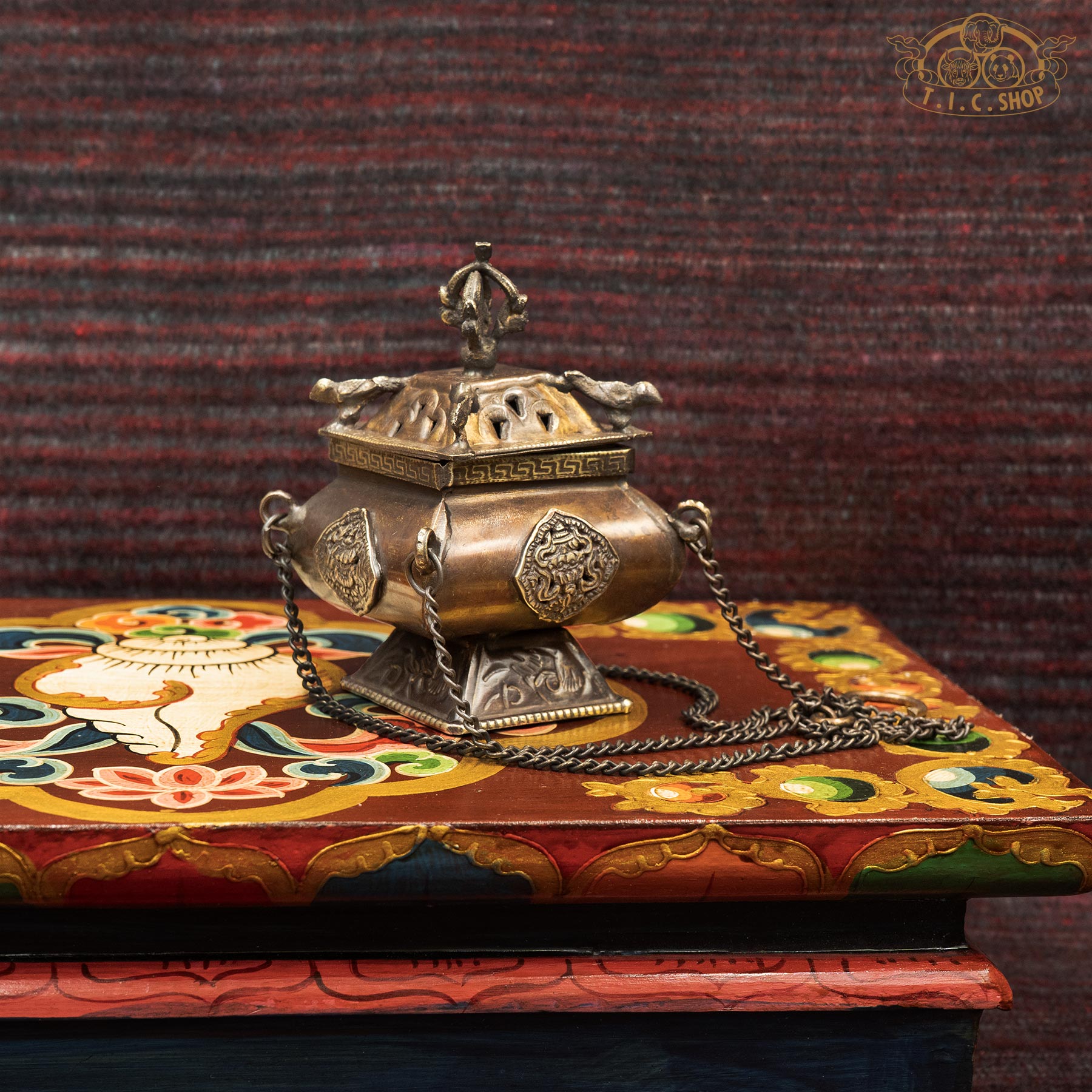 Handcrafted Antique Brass Square Pagoda Hanging Incense Burner Small