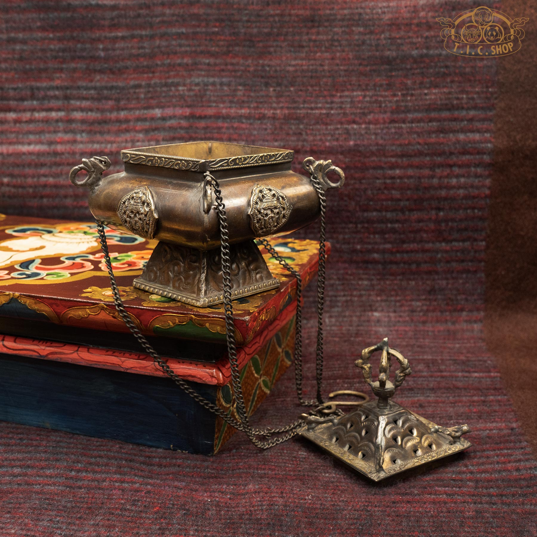 Open Handcrafted Antique Brass Square Pagoda Hanging Incense Burner, Side View