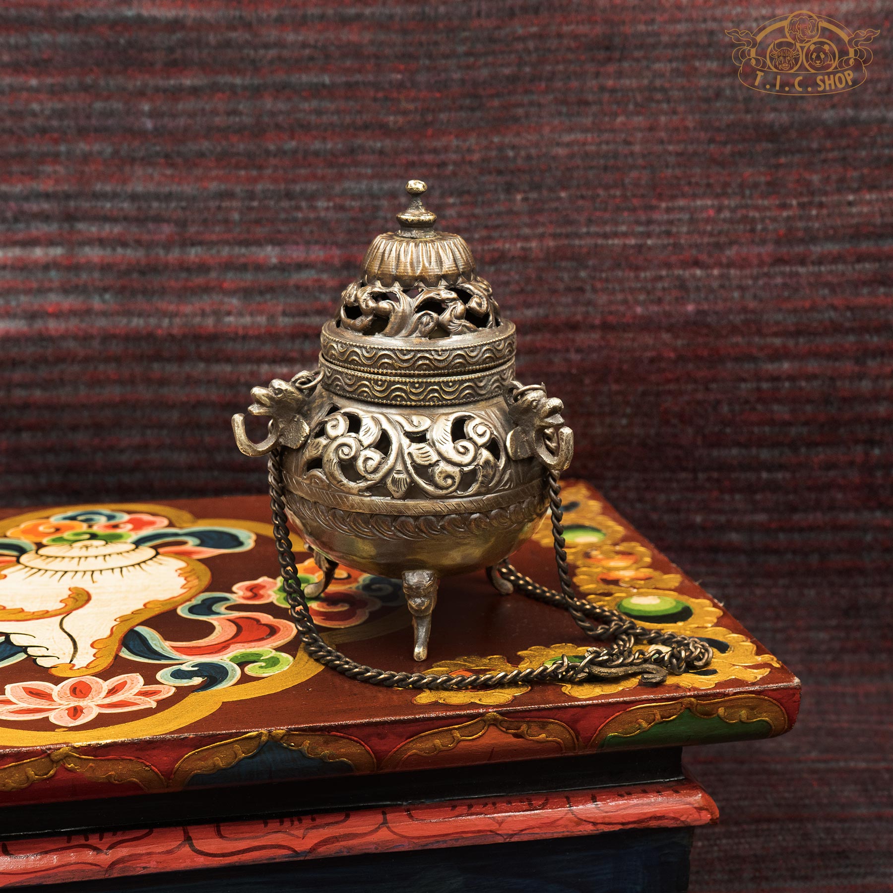Handcrafted Antique Brass Tripod Hanging Incense Burner