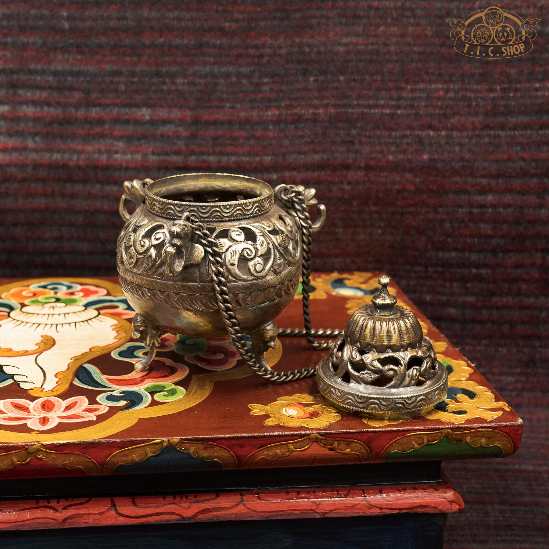 Open Handcrafted Antique Brass Tripod Hanging Incense Burner, Side View