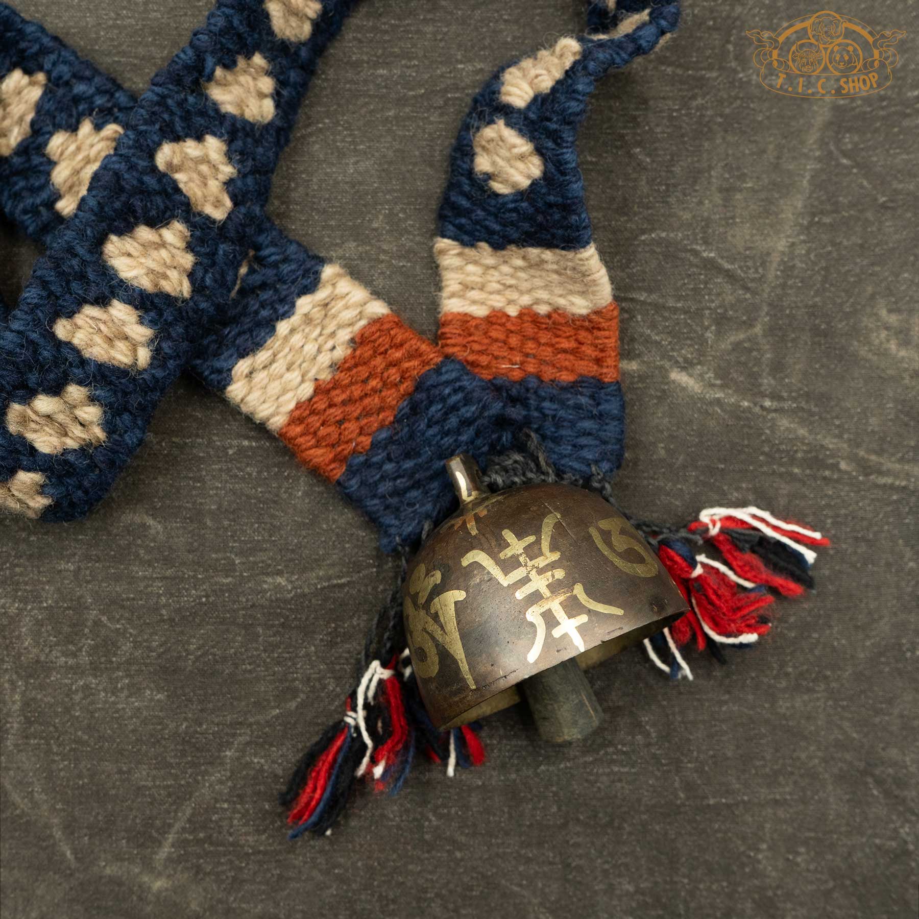 Details of Handmade Himalayan Antique Bronze Yak Bell 7cm with Om Ah Hum and Double Vajra
