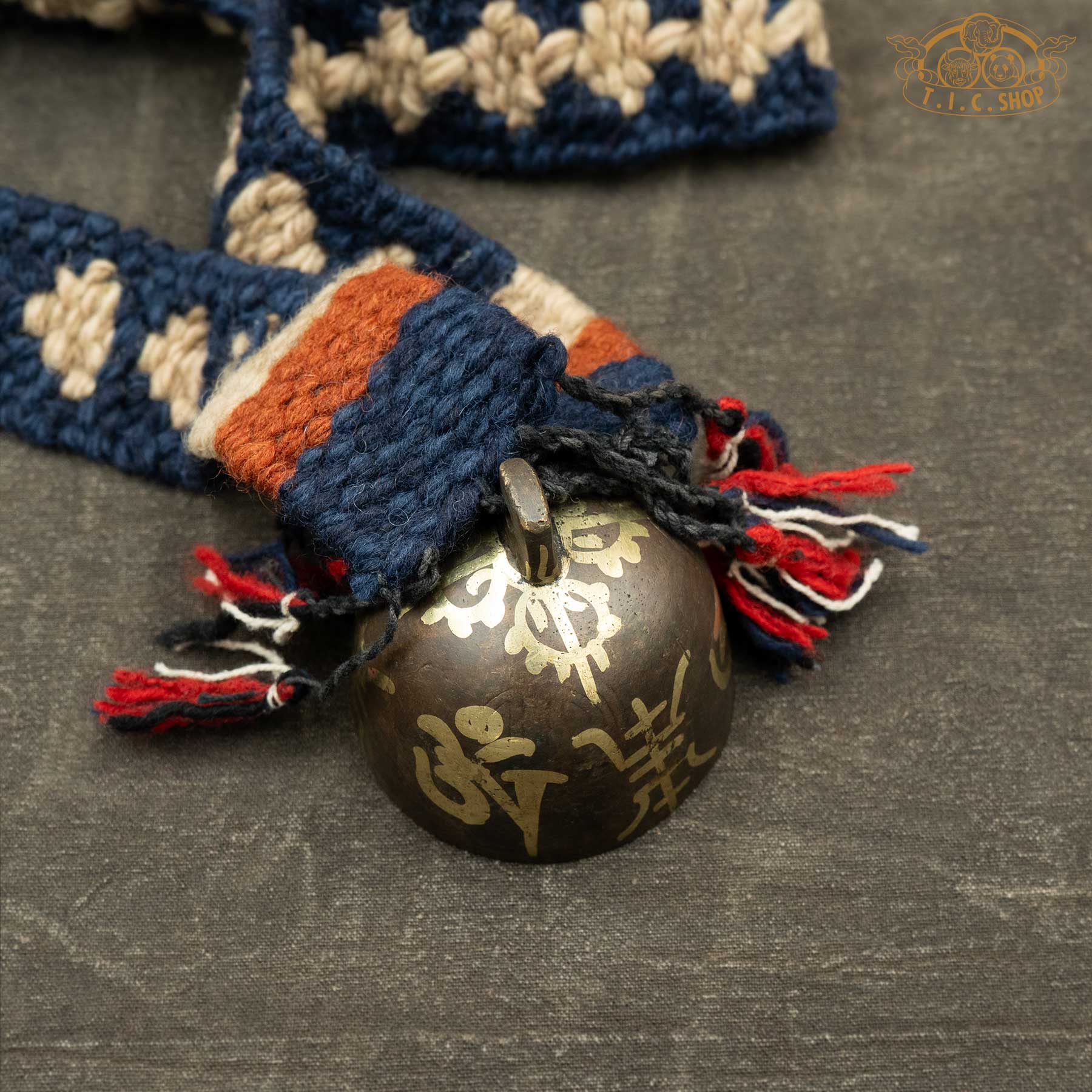 Top View of Handmade Himalayan Antique Bronze Yak Bell 7cm with Om Ah Hum and Double Vajra