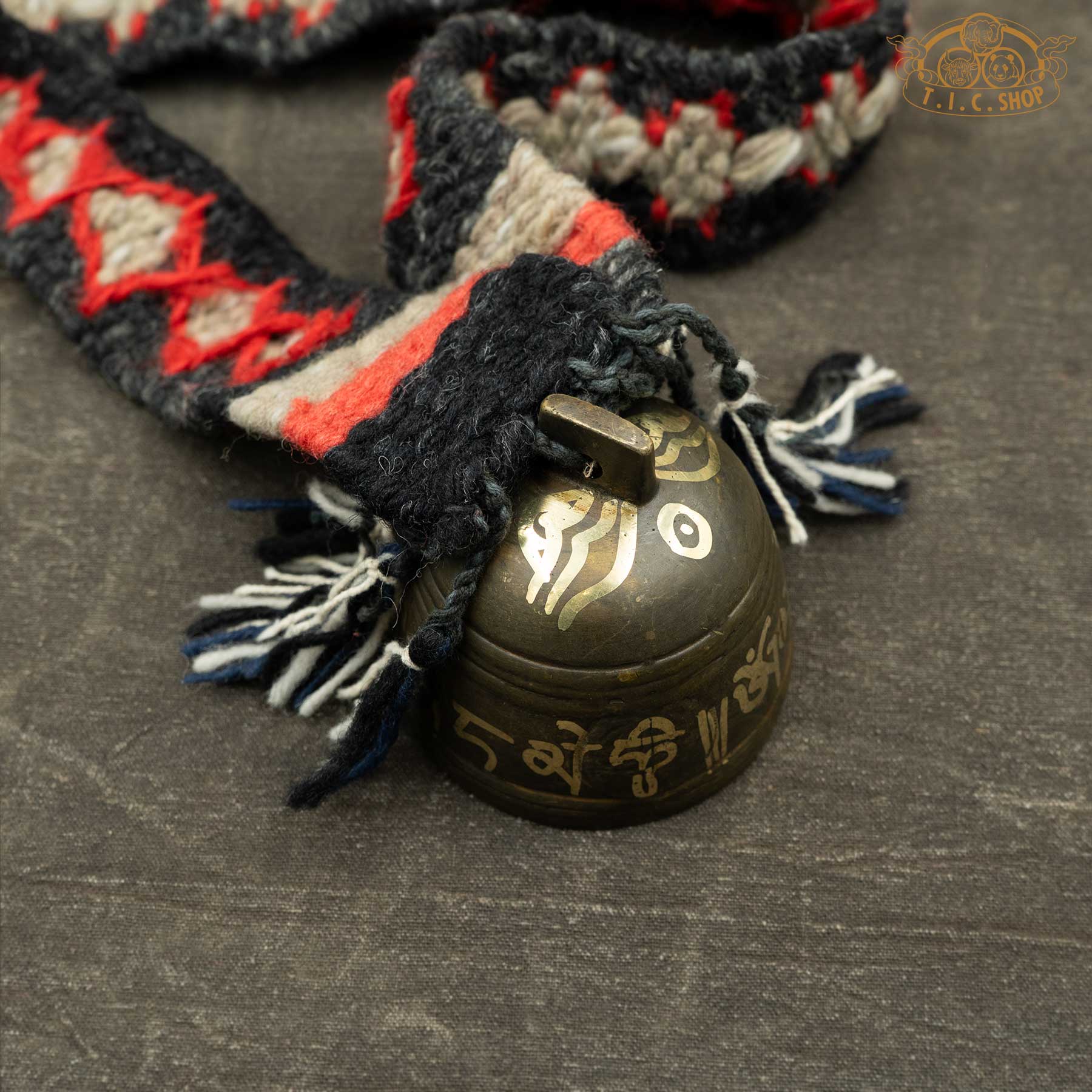Top View of Handmade Himalayan Antique Bronze Yak Bell Small with Om Mani Padme Hum and Buddha Eyes