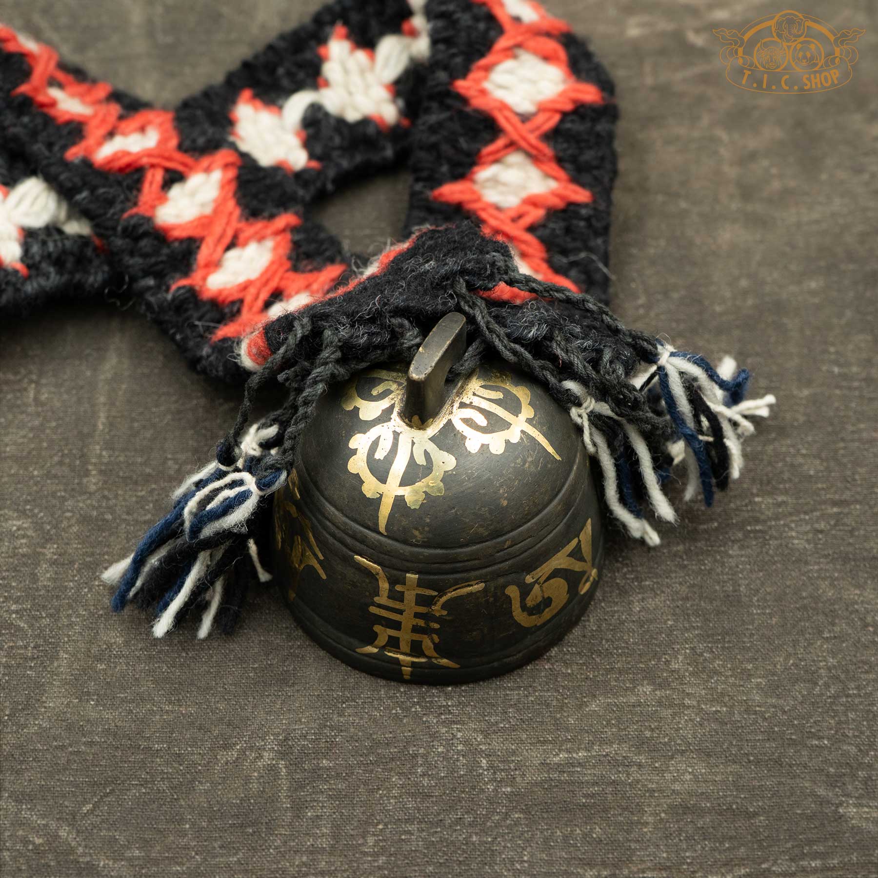 Top View of Handmade Himalayan Antique Bronze Yak Bell Large with Om Ah Hum and Double Vajra