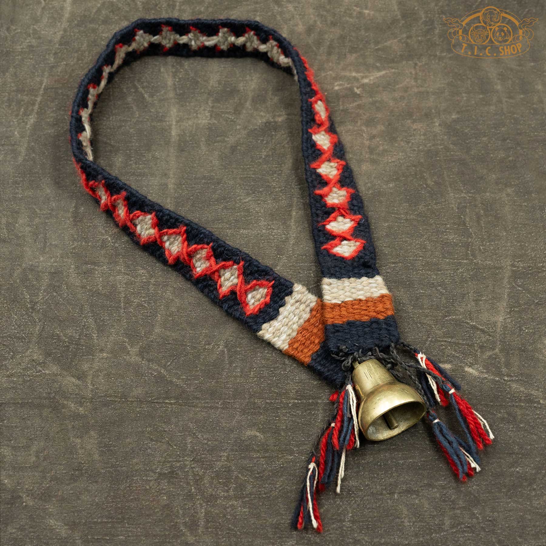 Handmade Himalayan Brass Yak Bell Small with handwoven blue and red strap