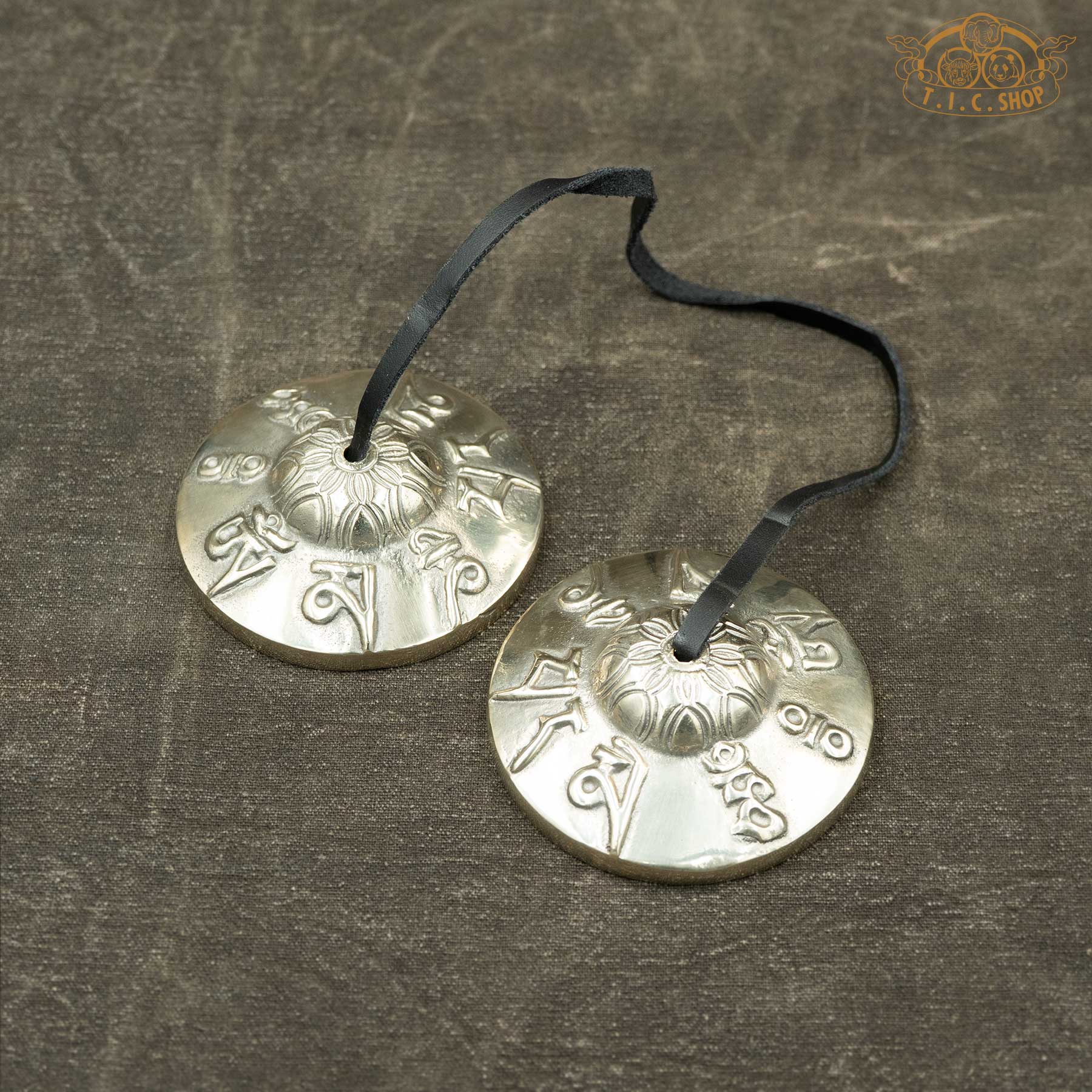 Front view of Om Mani Padme Hum Tibetan Tingsha Meditation Bells 7.5cm