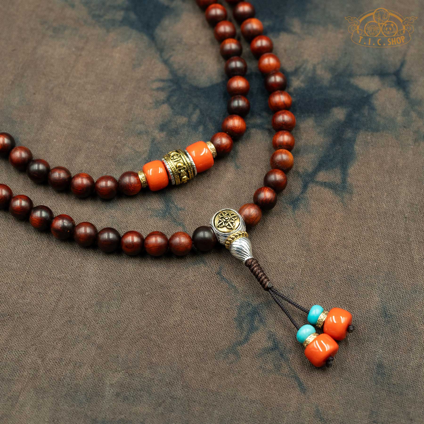 detail of Red Sandalwood 8mm 108-Bead Traditional Prayer Mala