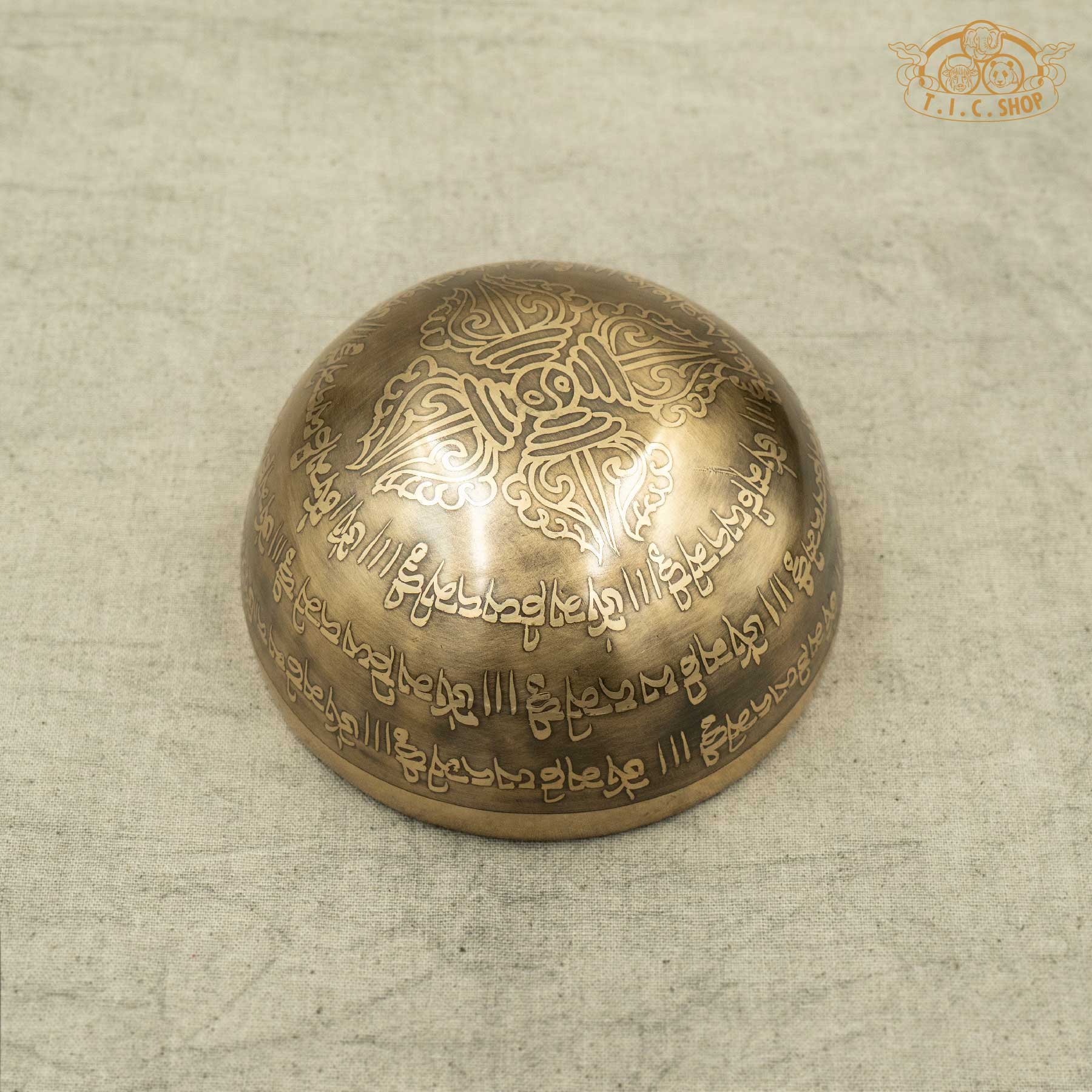 Back view of Endless Knot Tibetan singing bowl with Double Vajra Symbol , made in Nepal for meditation use.