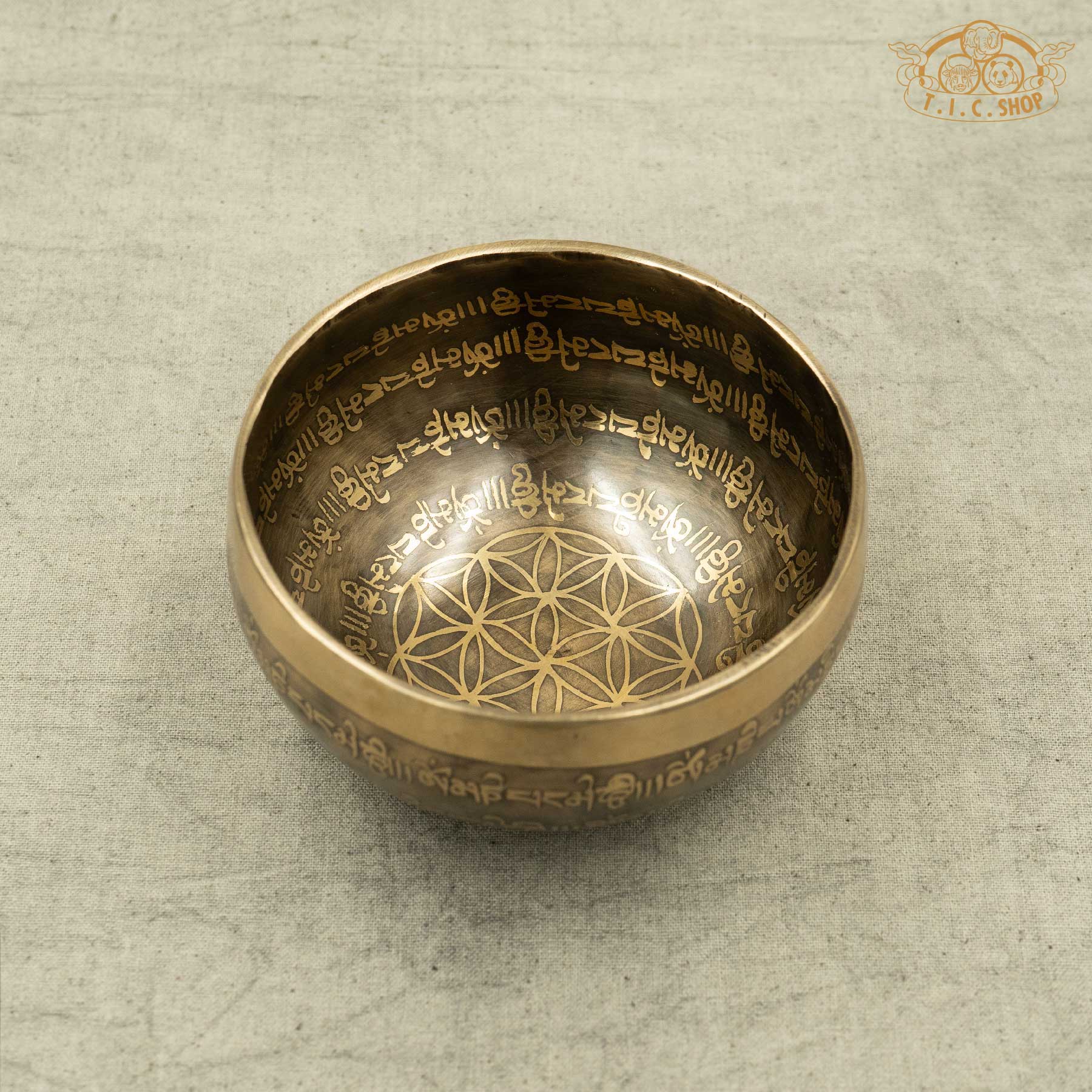 Brass Tibetan singing bowl with engraved designs and OM MANI PADME HUM Mantras,handmade by Nepalese artisans for meditation _front view