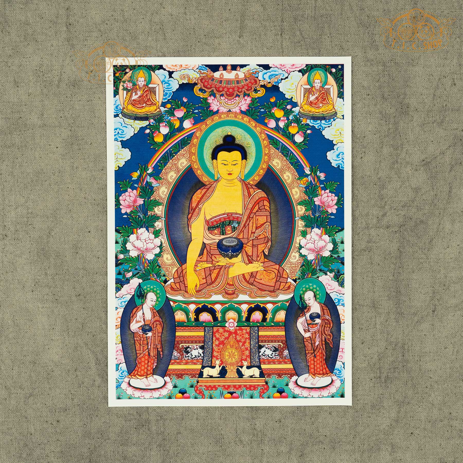 High-definition Buddha Shakyamuni image on canvas fabric, Tibetan Buddhist sacred artwork symbolizing enlightenment, compassion, and spiritual practice