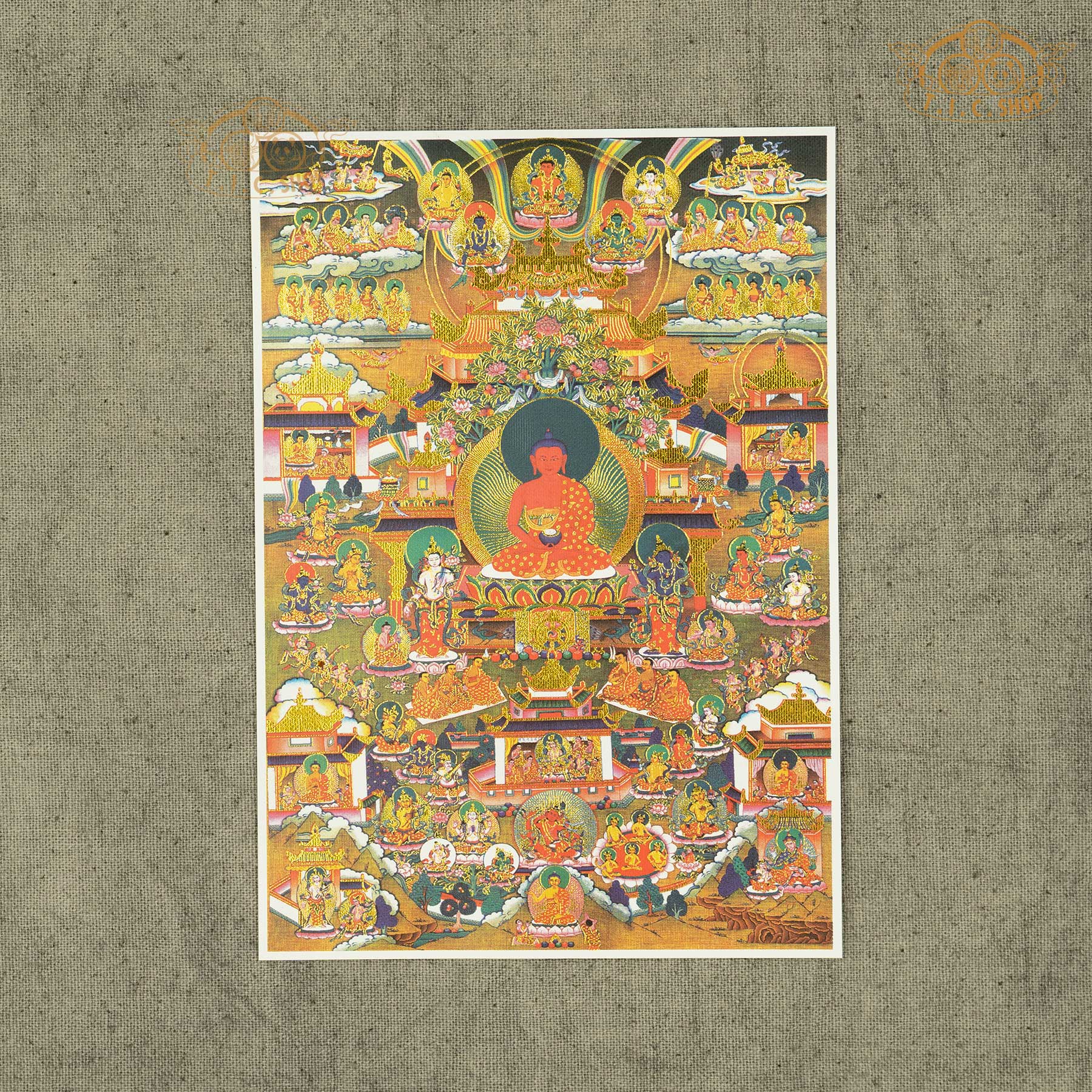 High-definition Buddha Shakyamuni image on canvas fabric with gold stamping, Tibetan Buddhist sacred artwork ideal for spiritual practice, meditation, and shrine decoration