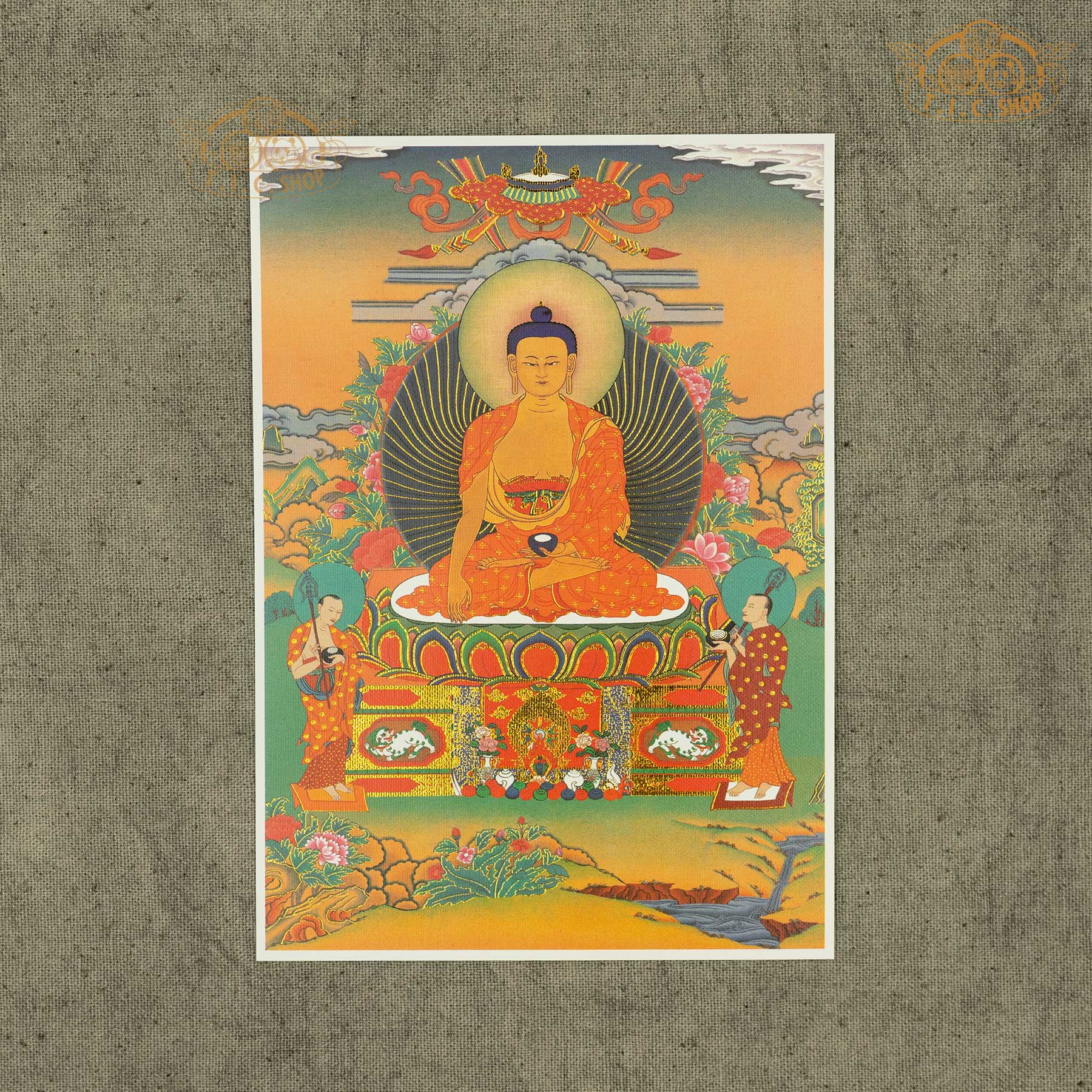 High-definition Buddha Shakyamuni image on canvas fabric with gold stamping, Tibetan Buddhist sacred artwork symbolizing enlightenment, compassion, and spiritual practice